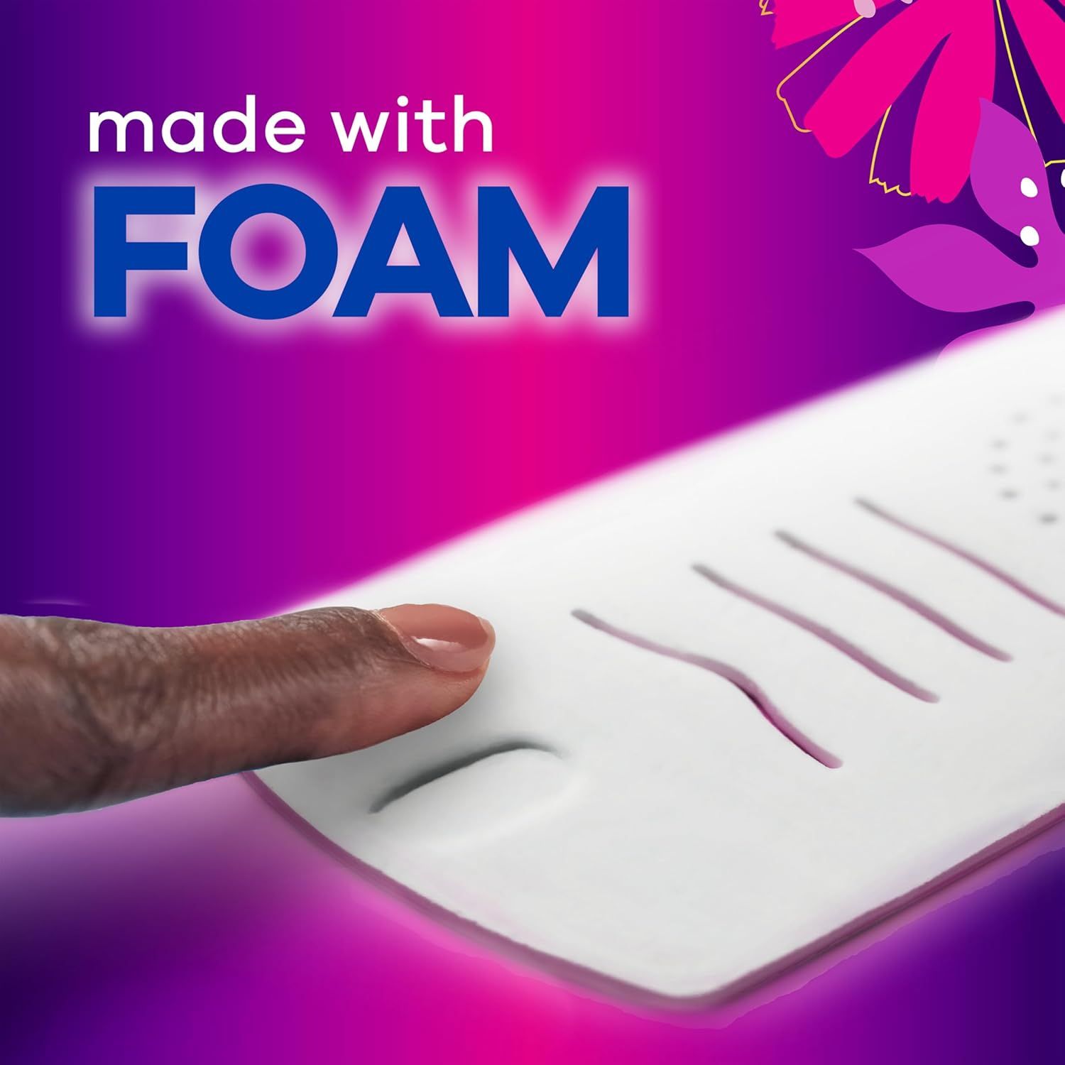 Highlights that the product is made with foam material, emphasizing comfort and softness as a key product benefit.