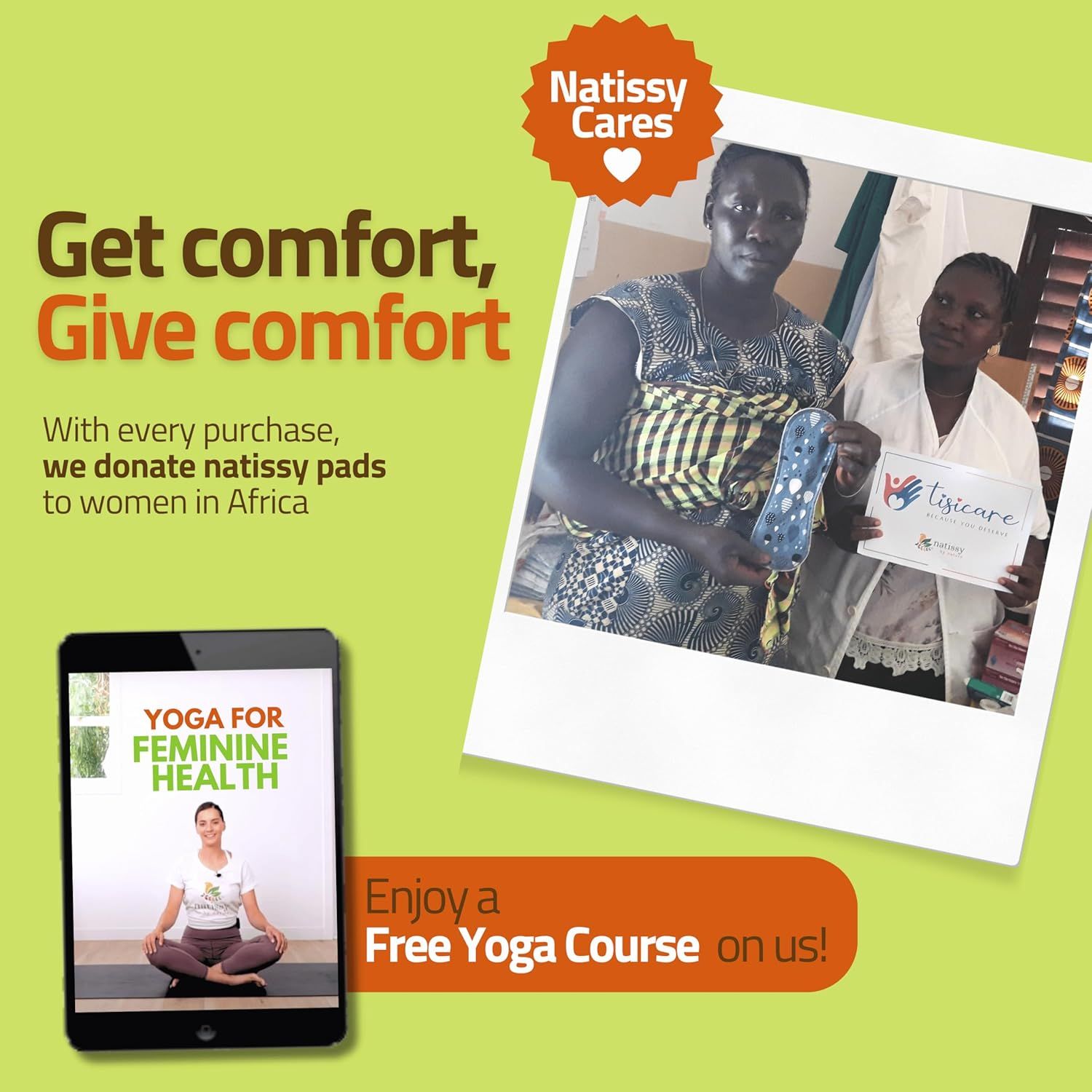 Communicates the brand's social mission and values by highlighting their charitable donation program (Natissy Cares) and free yoga course inclusion, building emotional connection and brand trust…