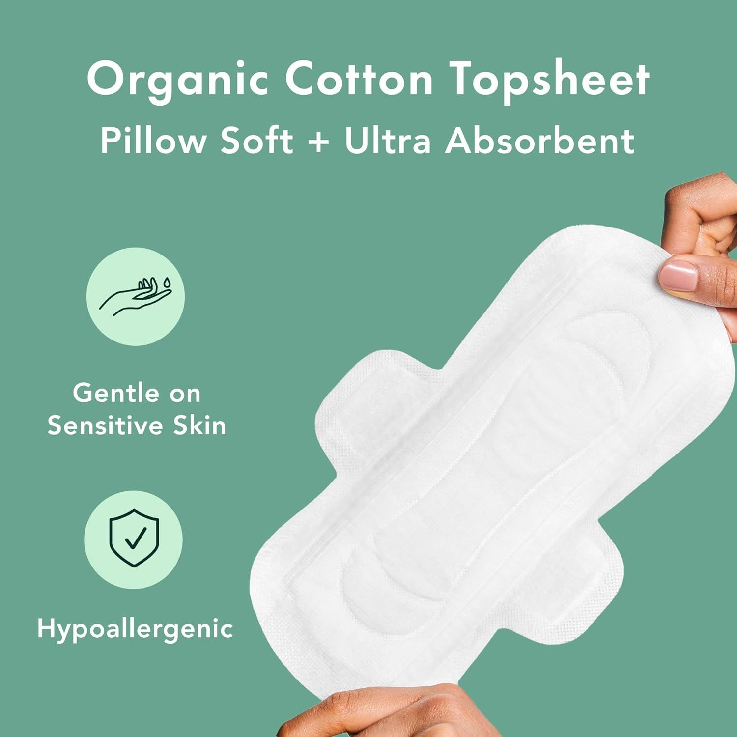 Communicates multiple key benefits of the product in a visually segmented layout, highlighting the organic material, softness, absorbency, and skin-friendly properties to reassure shoppers about…