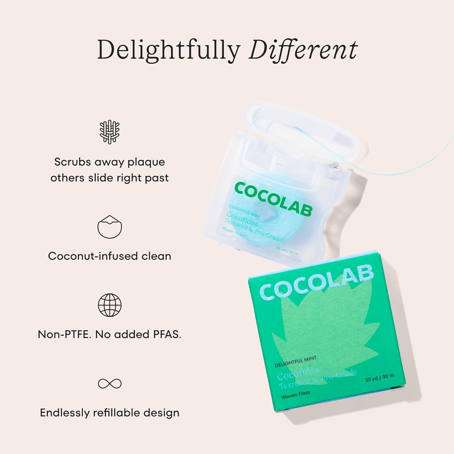 Communicates multiple distinct benefits of the dental floss product in a segmented layout with icons, highlighting effectiveness, natural ingredients, safety, and sustainability to appeal to…