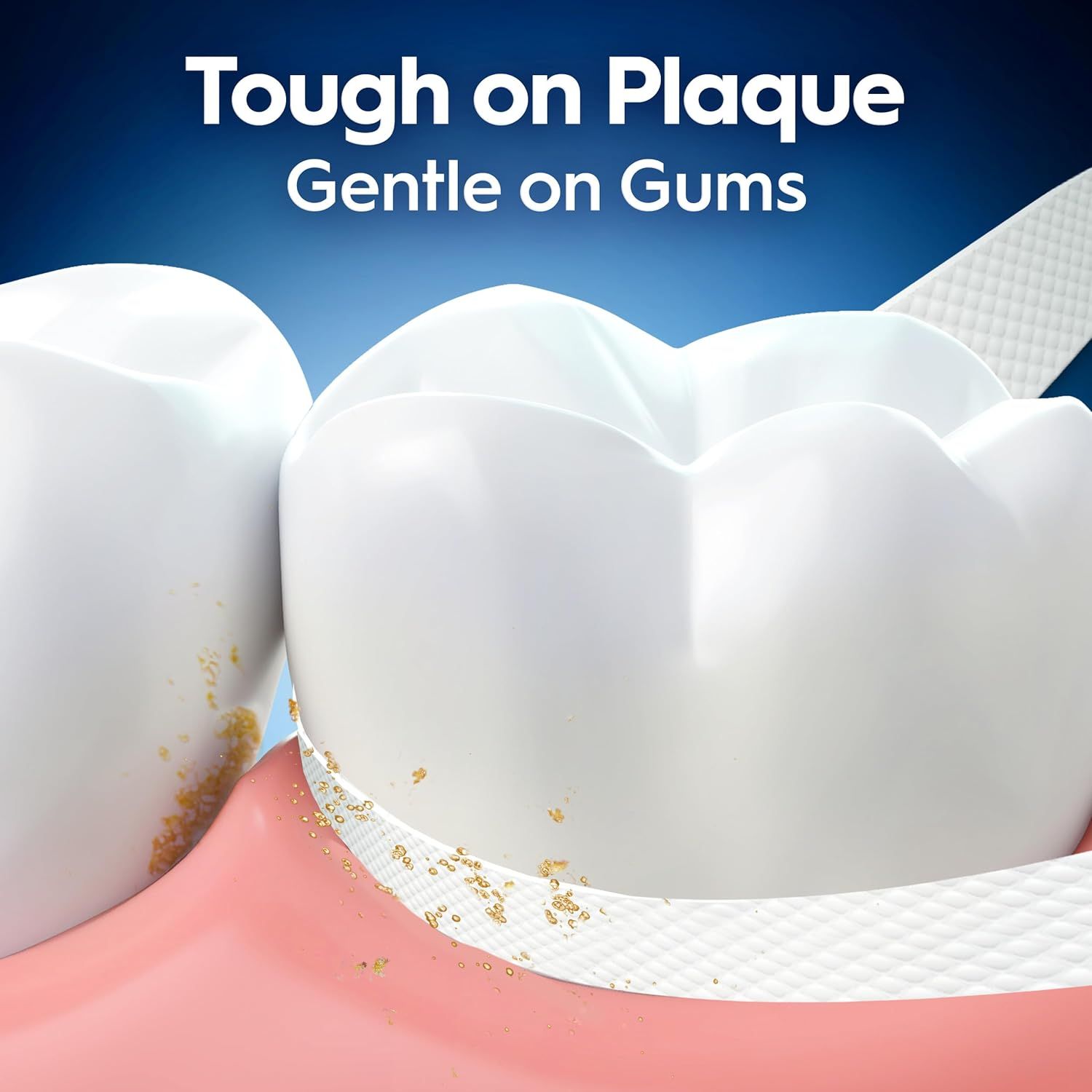 Communicates that the product effectively removes plaque while being gentle on gums, reassuring shoppers about both efficacy and comfort.