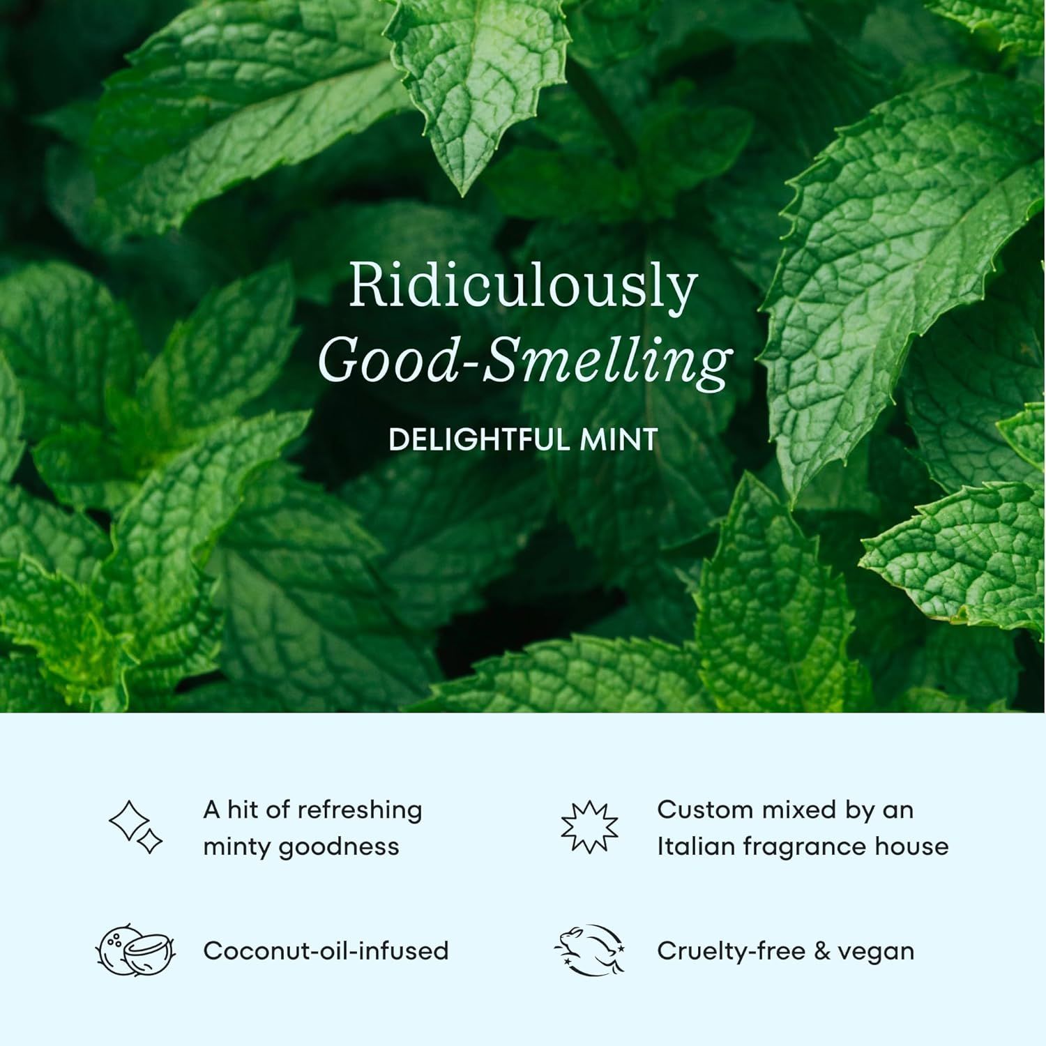 Communicates multiple selling benefits of the product including its delightful mint fragrance, premium Italian formulation, coconut oil ingredient, and ethical cruelty-free/vegan credentials to…