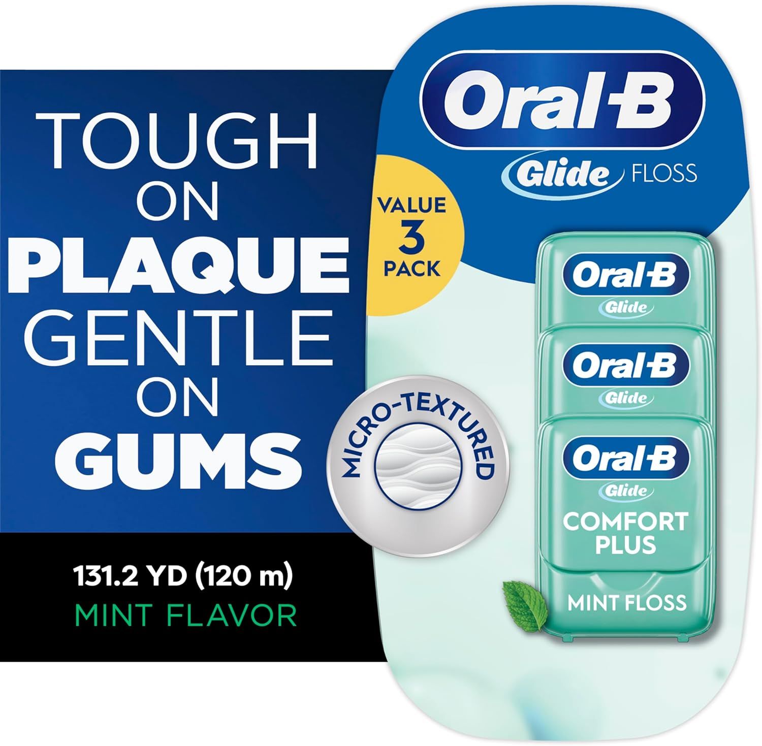 Communicates multiple key benefits of the floss—effective plaque removal, gentle on gums, and micro-textured design—to reassure shoppers of its dual performance and comfort.