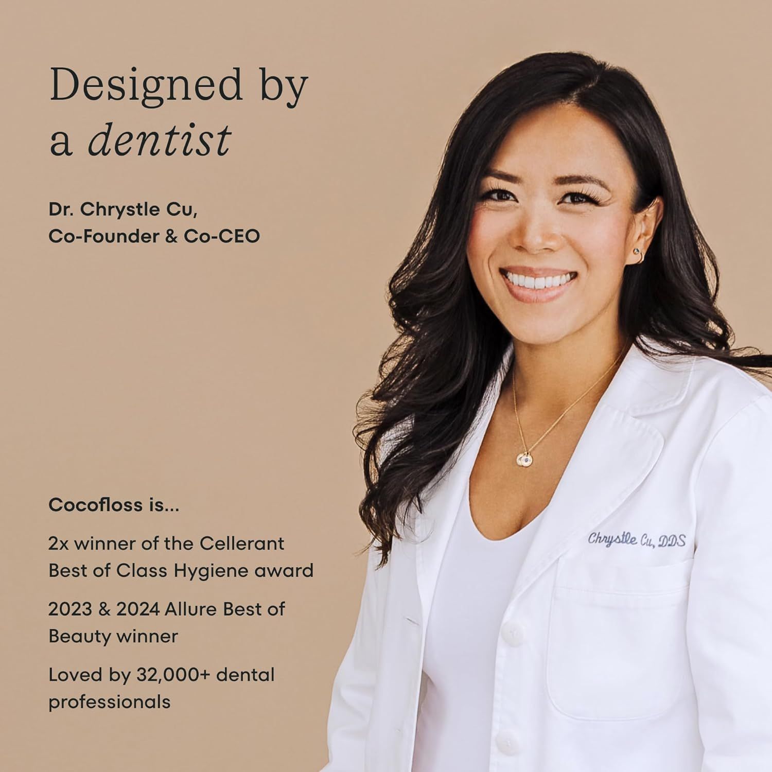 Establishes brand authority and trust by highlighting the dentist founder's credentials, professional expertise, and multiple industry awards to reassure shoppers of the product's quality and…