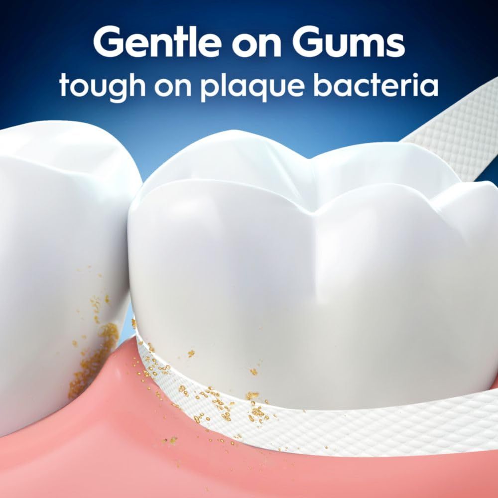 Communicates the dual benefit of the product being gentle on sensitive gum tissue while effectively removing plaque bacteria, reassuring shoppers about both safety and efficacy.