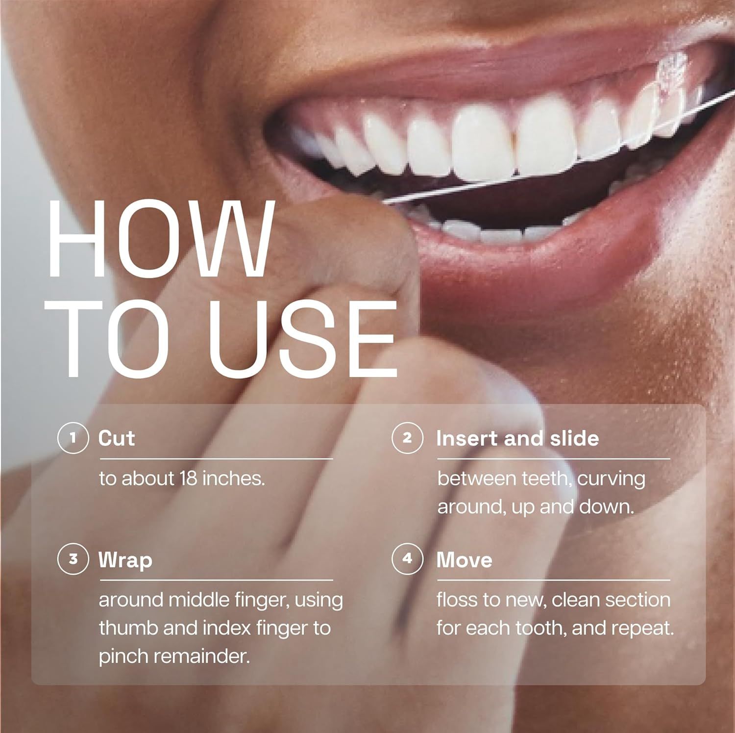 Provides step-by-step instructions on how to properly use dental floss, helping shoppers understand the correct technique for effective oral hygiene.