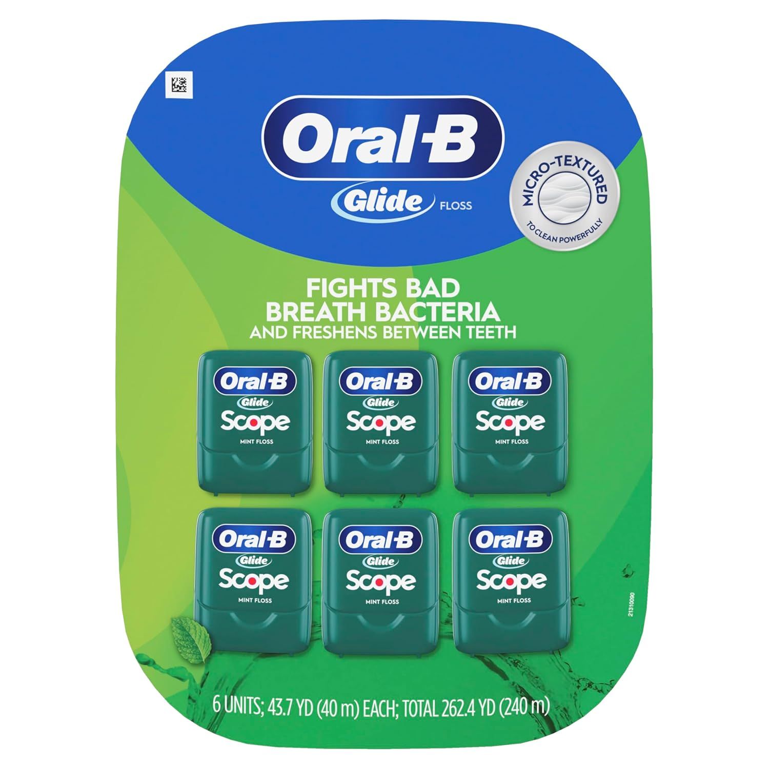 Shows the customer exactly what they receive in the bundle—six individual Oral-B Glide Scope mint floss units—to communicate value and quantity. Highlights the primary benefit of the…