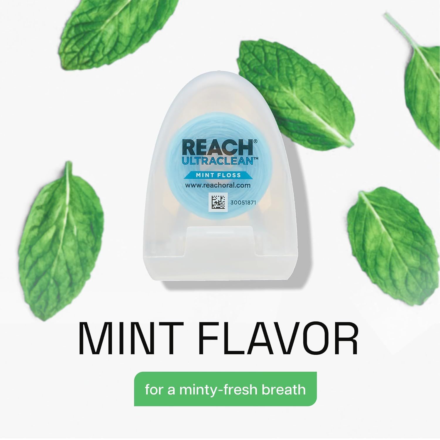 Highlights the mint flavor of the floss to communicate the benefit of fresh breath and a pleasant flossing experience.