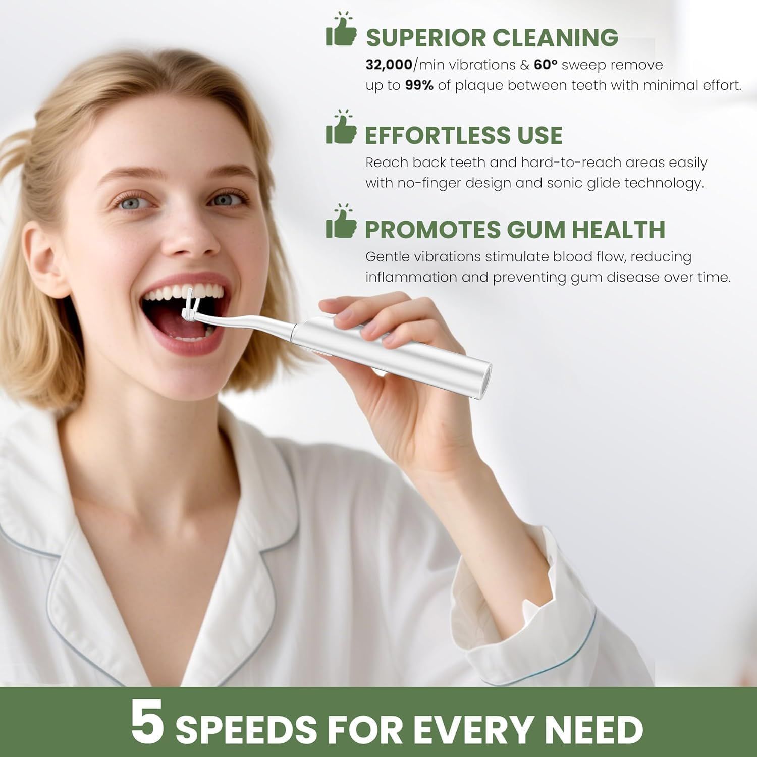 Communicates multiple key benefits of the electric toothbrush in a segmented layout, highlighting cleaning performance, ease of use, health benefits, and versatility to help shoppers understand the…