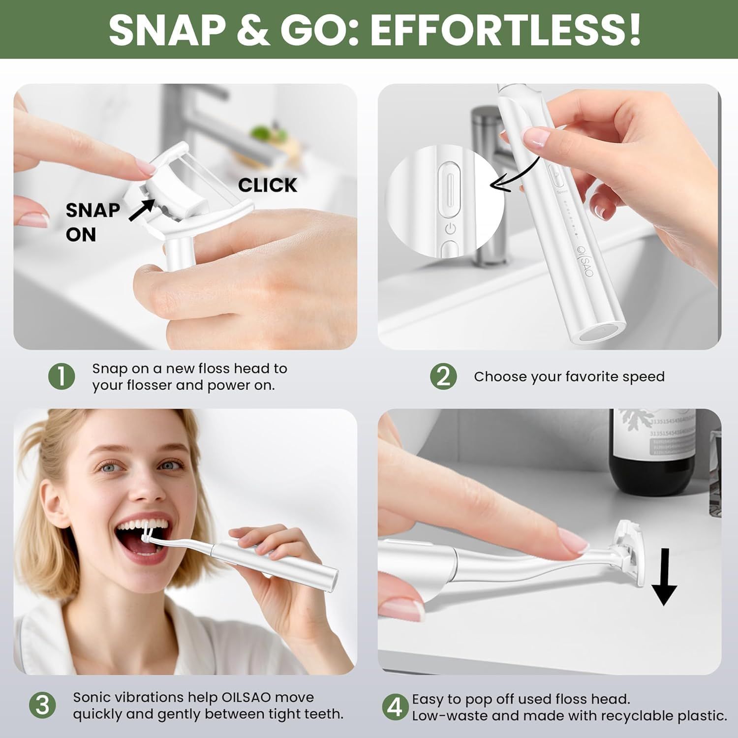 Demonstrates the simple 4-step process for using the water flosser, emphasizing effortless setup and operation to reassure shoppers that the product is user-friendly.