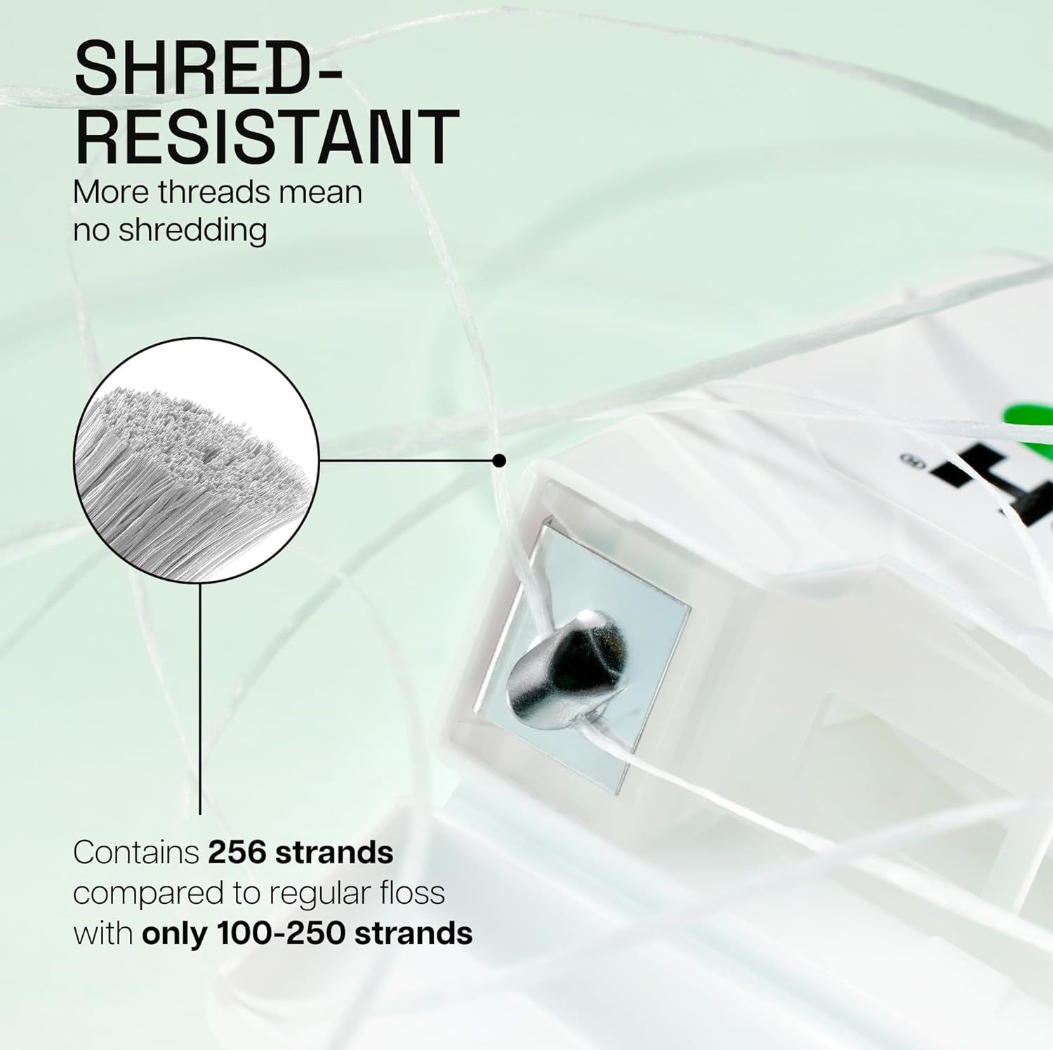 Communicates the product's superior durability by highlighting that it contains 256 strands compared to regular floss with only 100-250 strands, reassuring shoppers that this floss is…
