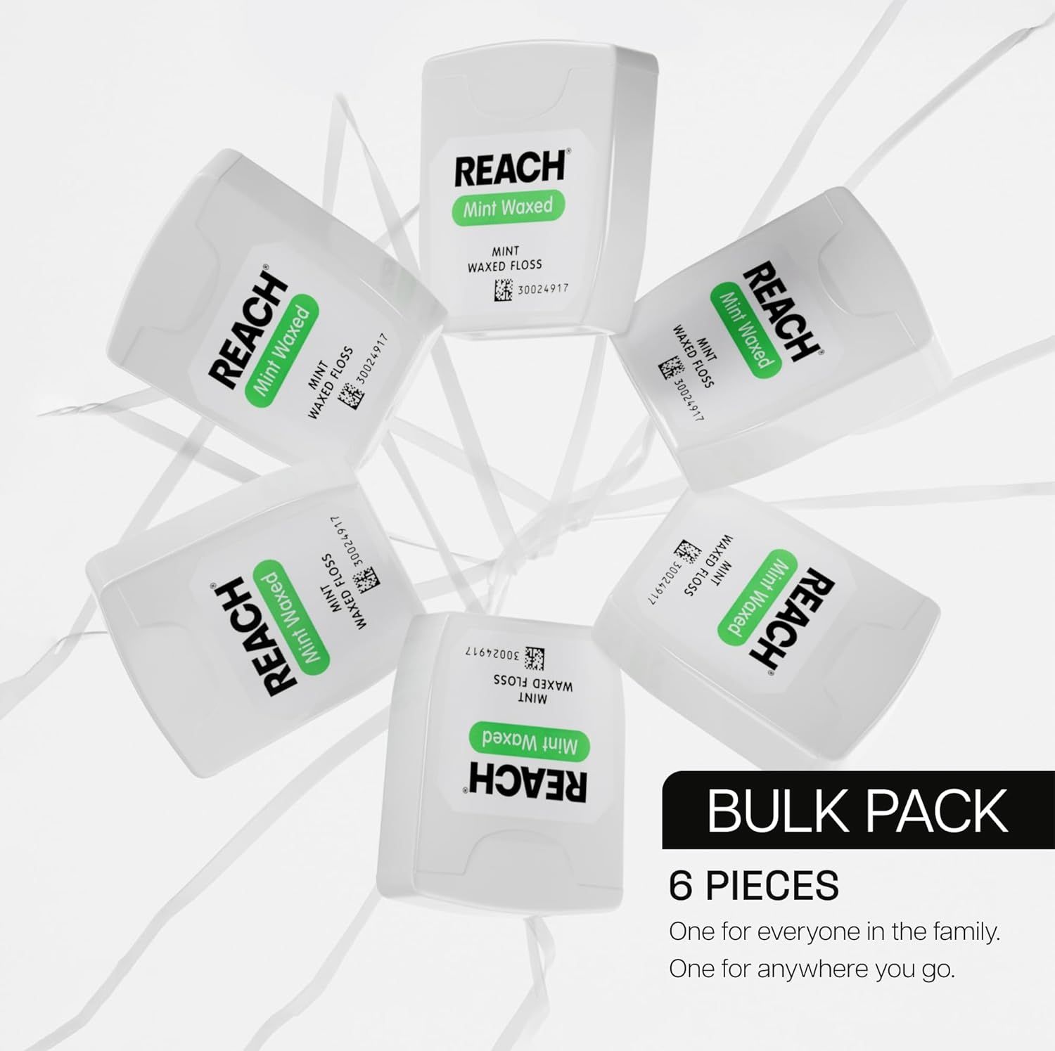 Shows the customer they will receive 6 pieces of REACH Mint Waxed floss in the bulk pack, emphasizing value and convenience for family use or portability.