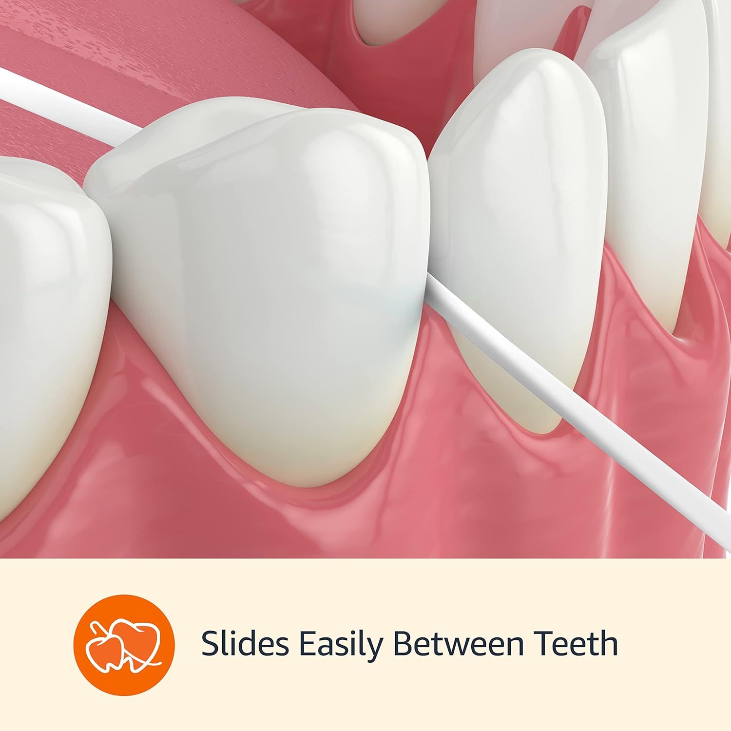 Demonstrates that the product (likely dental floss or interdental cleaner) slides easily between teeth, reassuring shoppers of its ease of use and effectiveness for dental hygiene.