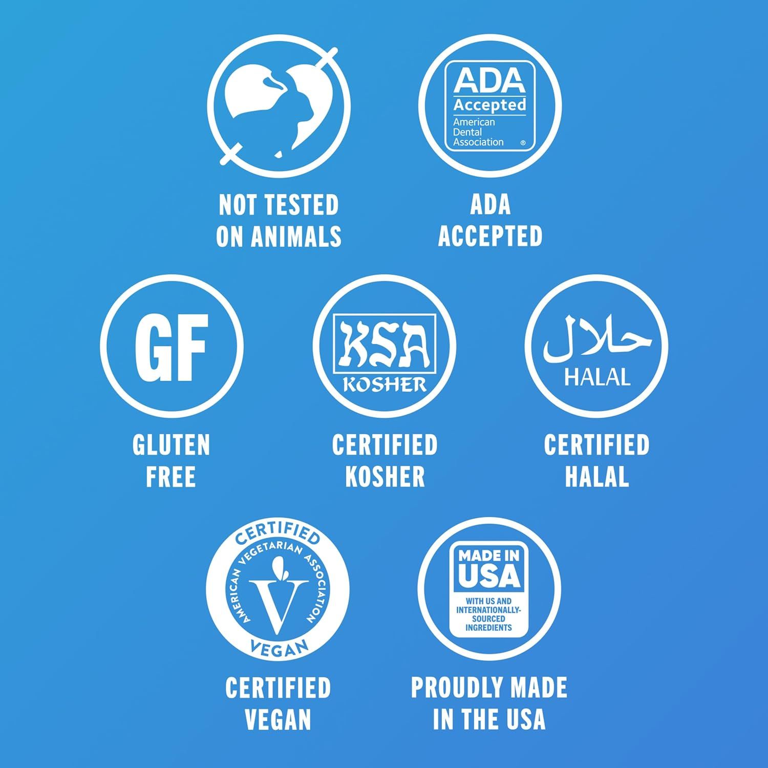 Communicates multiple safety, ethical, and quality certifications to reassure shoppers about the product's compliance with dietary, religious, ethical, and professional standards.