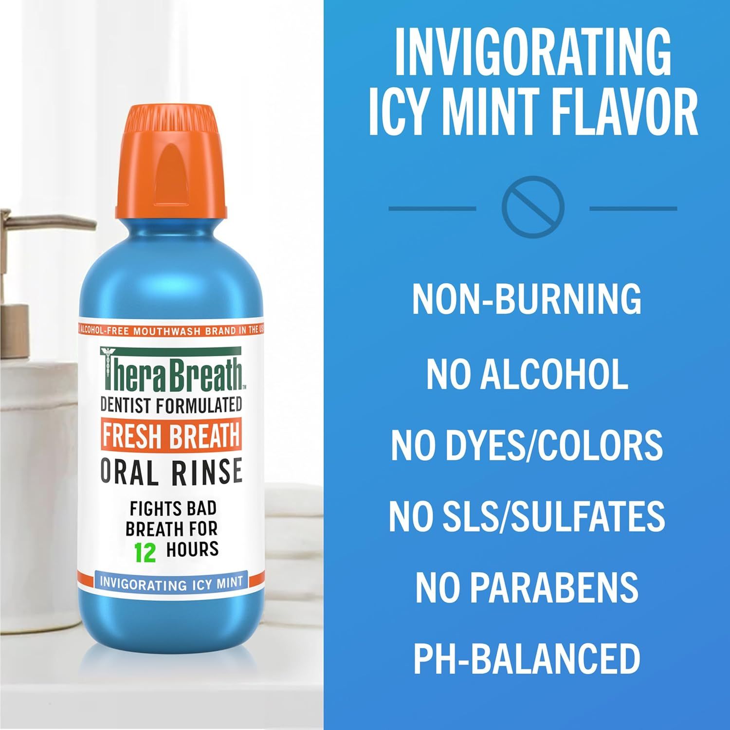 Communicates multiple product benefits and ingredient exclusions to reassure shoppers that this mouthwash is gentle, safe, and formulated without harsh chemicals while providing fresh breath for 12…