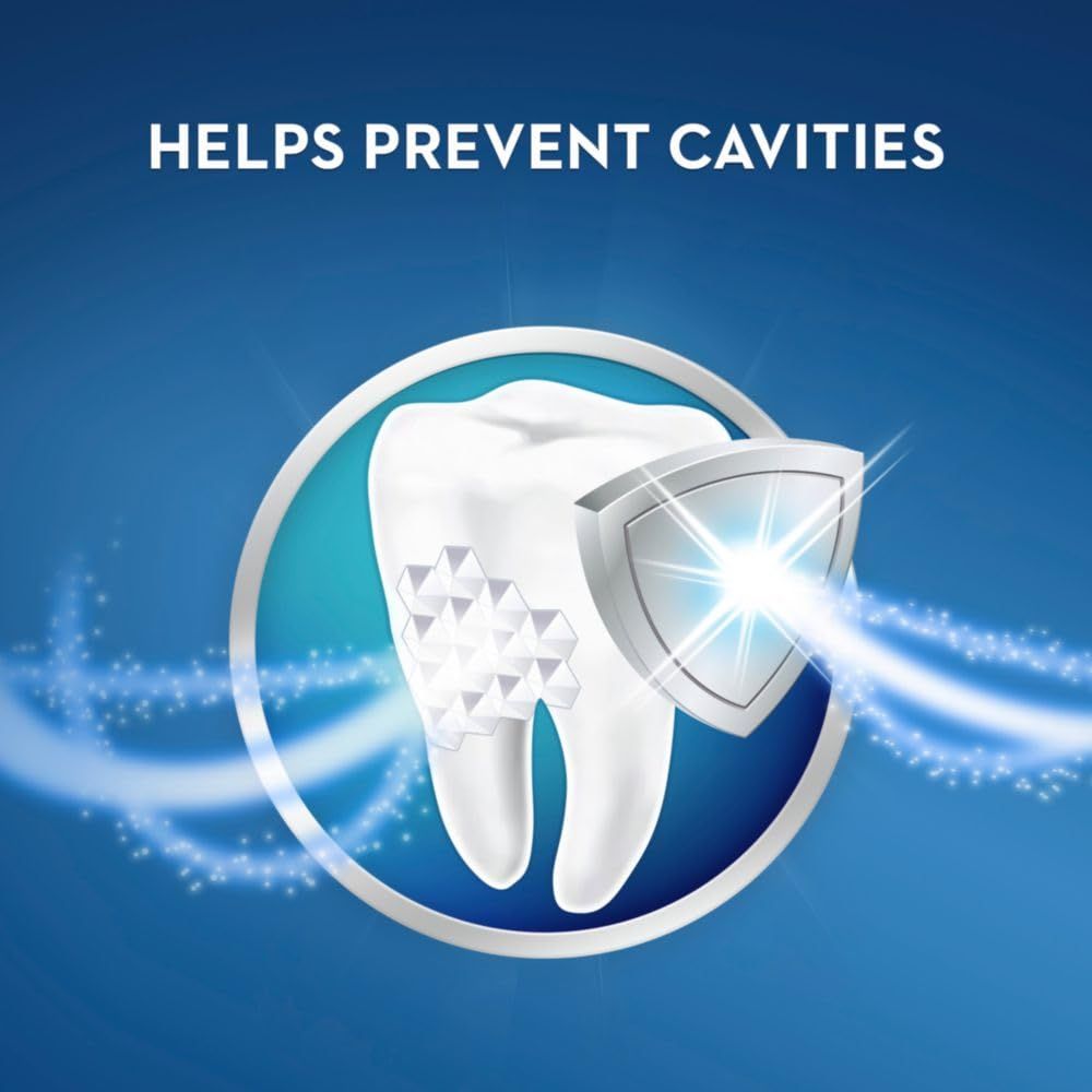 Communicates that the product helps prevent cavities, using a protective shield visual to reassure shoppers of the dental health benefit.