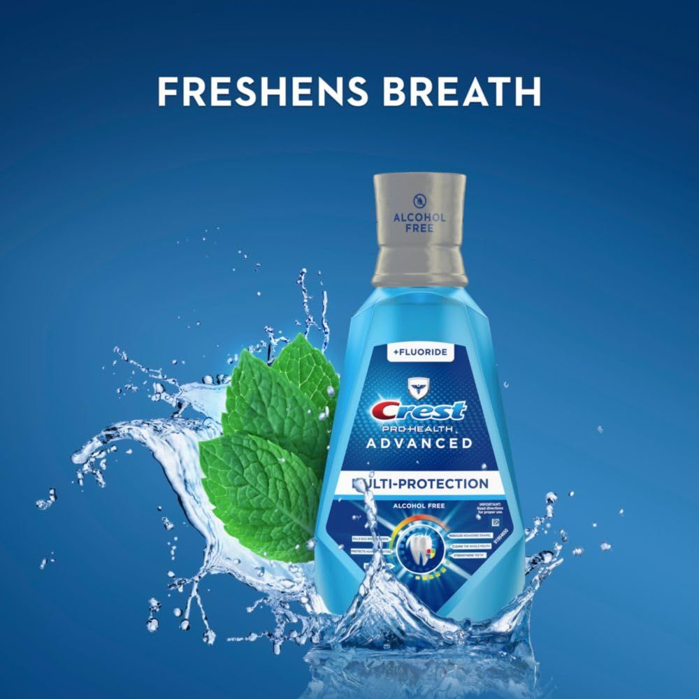 Communicates the primary benefit of the mouthwash—freshening breath—through a clean, simple visual with one headline and product shot enhanced by fresh mint imagery.