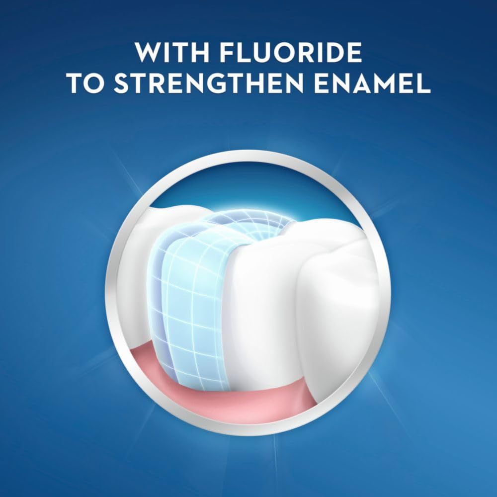 Communicates that the product contains fluoride to strengthen tooth enamel, reassuring shoppers about the dental health benefits of the product.