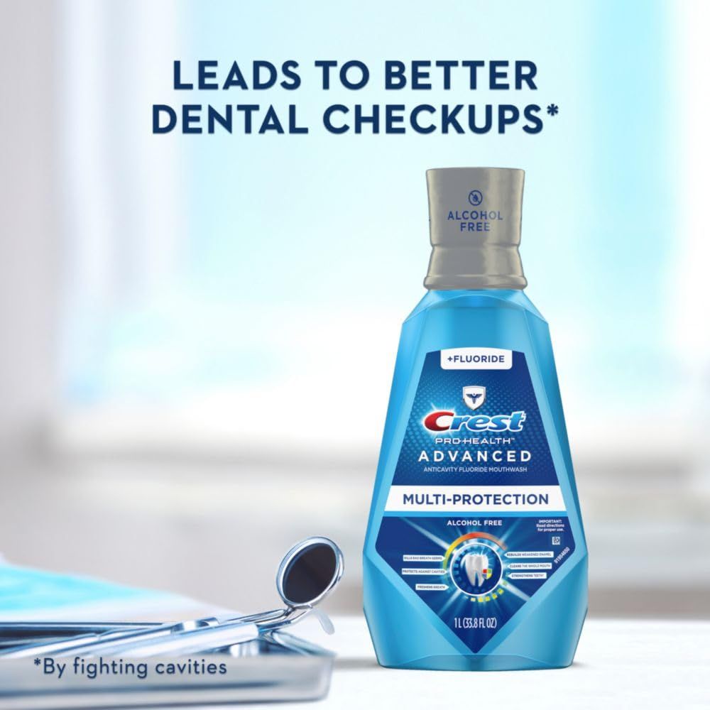 Communicates that using this mouthwash leads to better dental checkups by fighting cavities, reassuring shoppers of its oral health benefits.