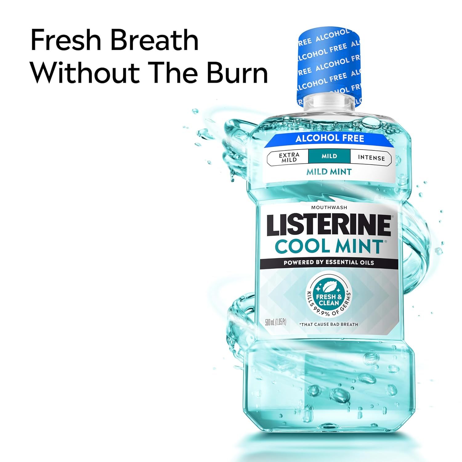 Communicates that this mouthwash delivers fresh breath without the burning sensation of alcohol, appealing to shoppers seeking a gentler oral care experience.
