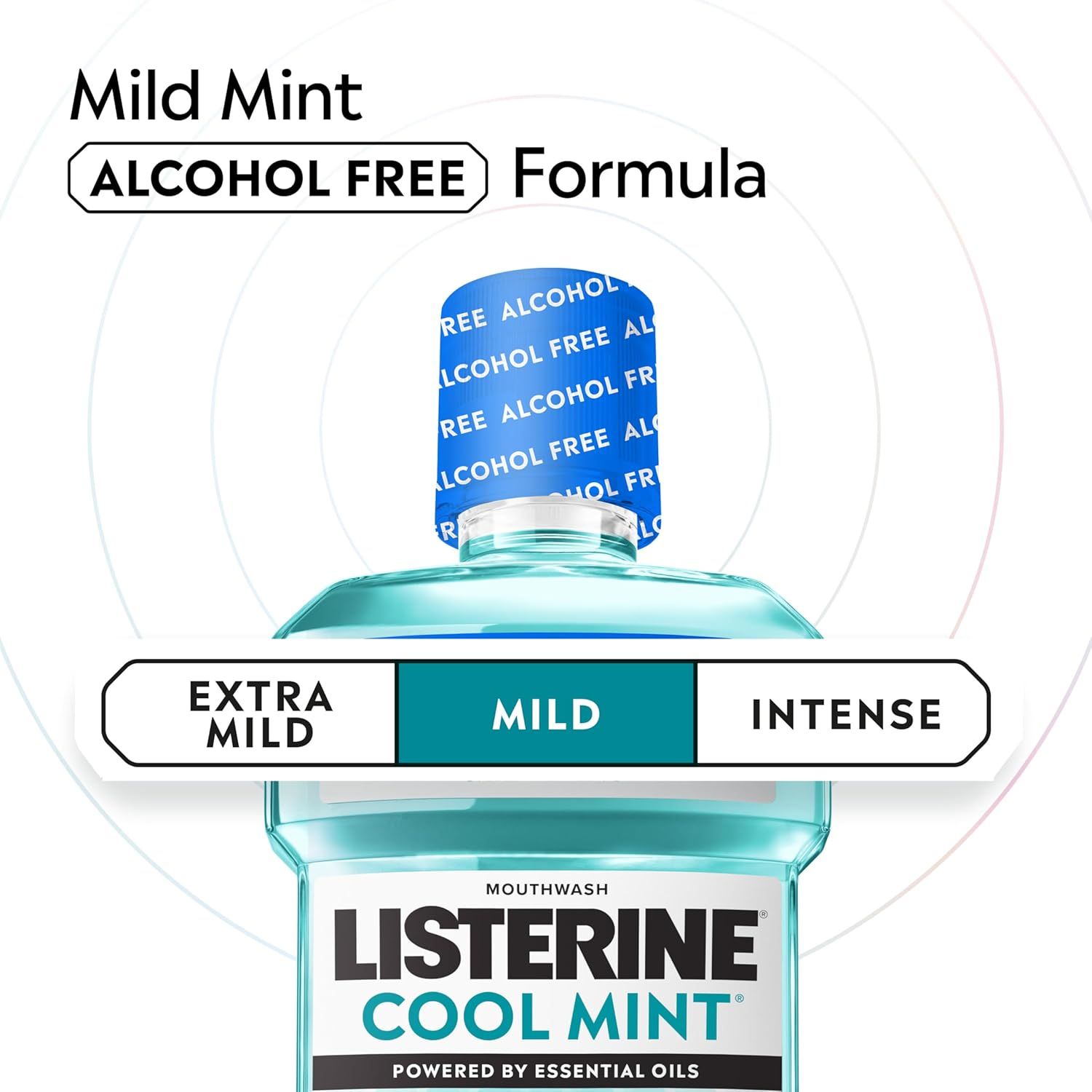 Communicates multiple product benefits including the alcohol-free formula, mild mint flavor option, and the ability to choose intensity level, reassuring shoppers who want a gentler mouthwash…