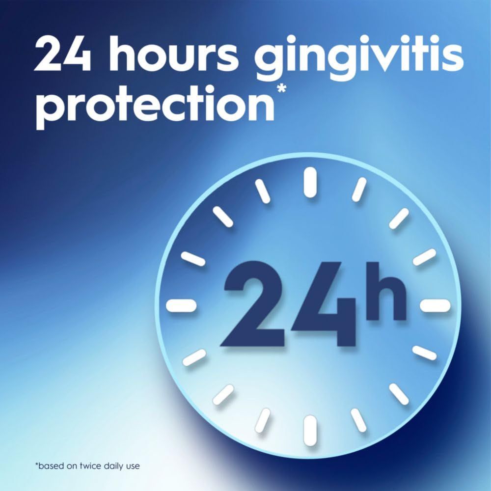 Communicates the duration of protection the product provides, emphasizing its long-lasting effectiveness against gingivitis to reassure shoppers of its performance. Highlights the key benefit of…