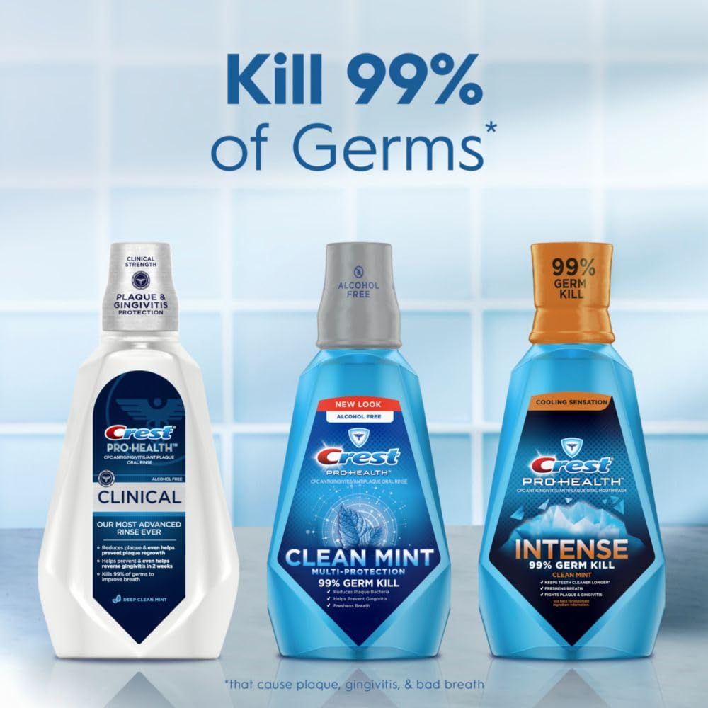 Communicates the product's powerful antibacterial performance with a bold, quantifiable claim to reassure shoppers of its effectiveness against germs. Displays the Crest Pro-Health mouthwash product…