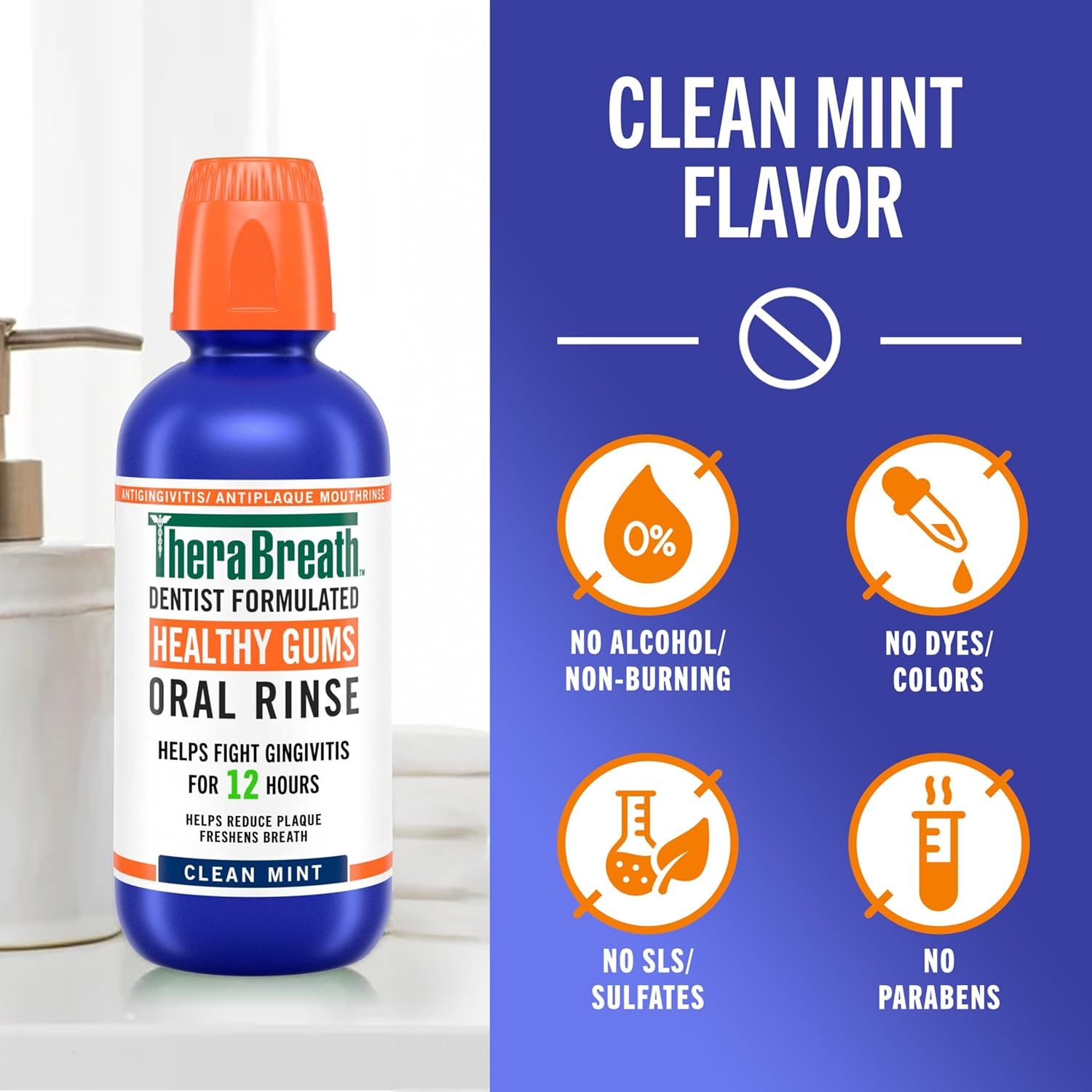 Communicates multiple product benefits in a segmented layout, highlighting what the oral rinse does NOT contain (alcohol-free, dye-free, sulfate-free, paraben-free) and its clean mint flavor to…