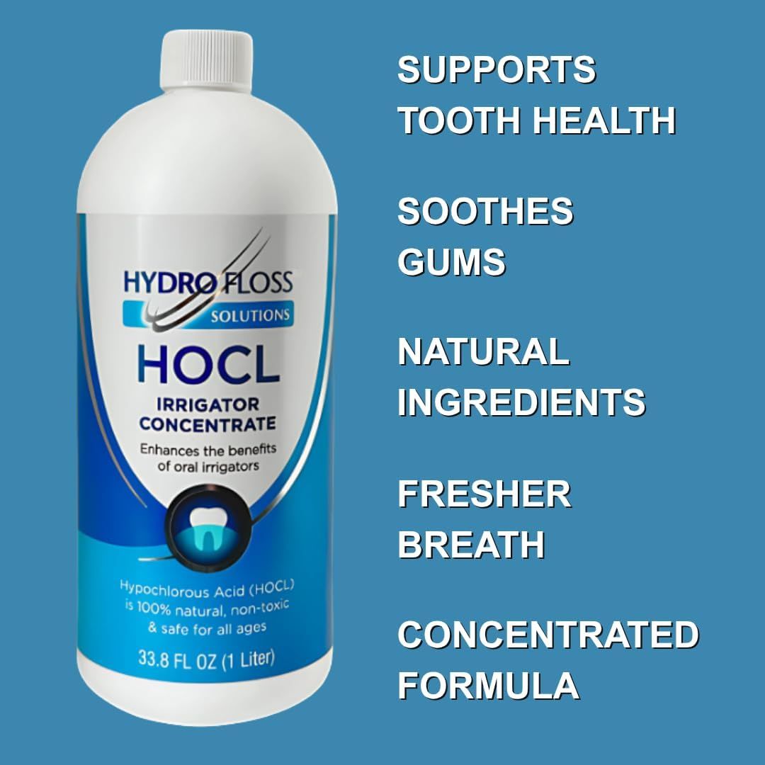 Communicates multiple distinct benefits of the oral irrigator concentrate in a vertically stacked list format to show comprehensive oral care advantages.
