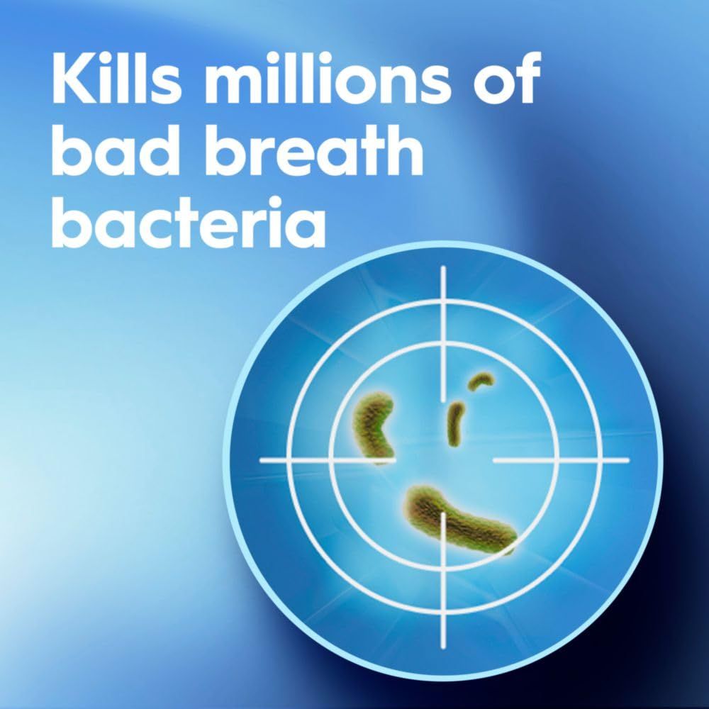 Communicates the product's ability to kill millions of bad breath bacteria, reassuring shoppers of its effectiveness in oral hygiene.