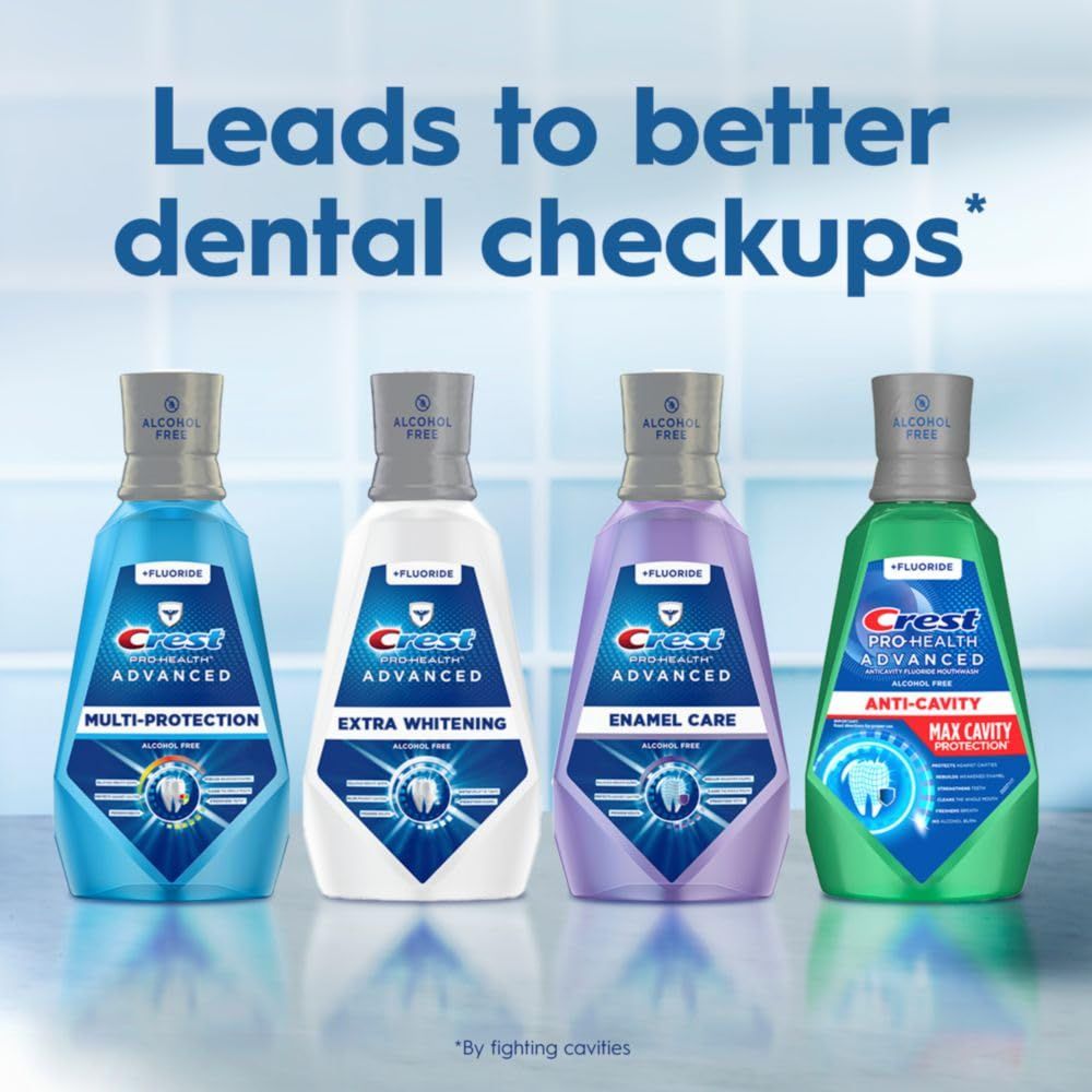 Displays the Crest mouthwash product lineup side-by-side to help shoppers understand the different variants available (Multi-Protection, Extra Whitening, Enamel Care, Anti-Cavity) and position the…