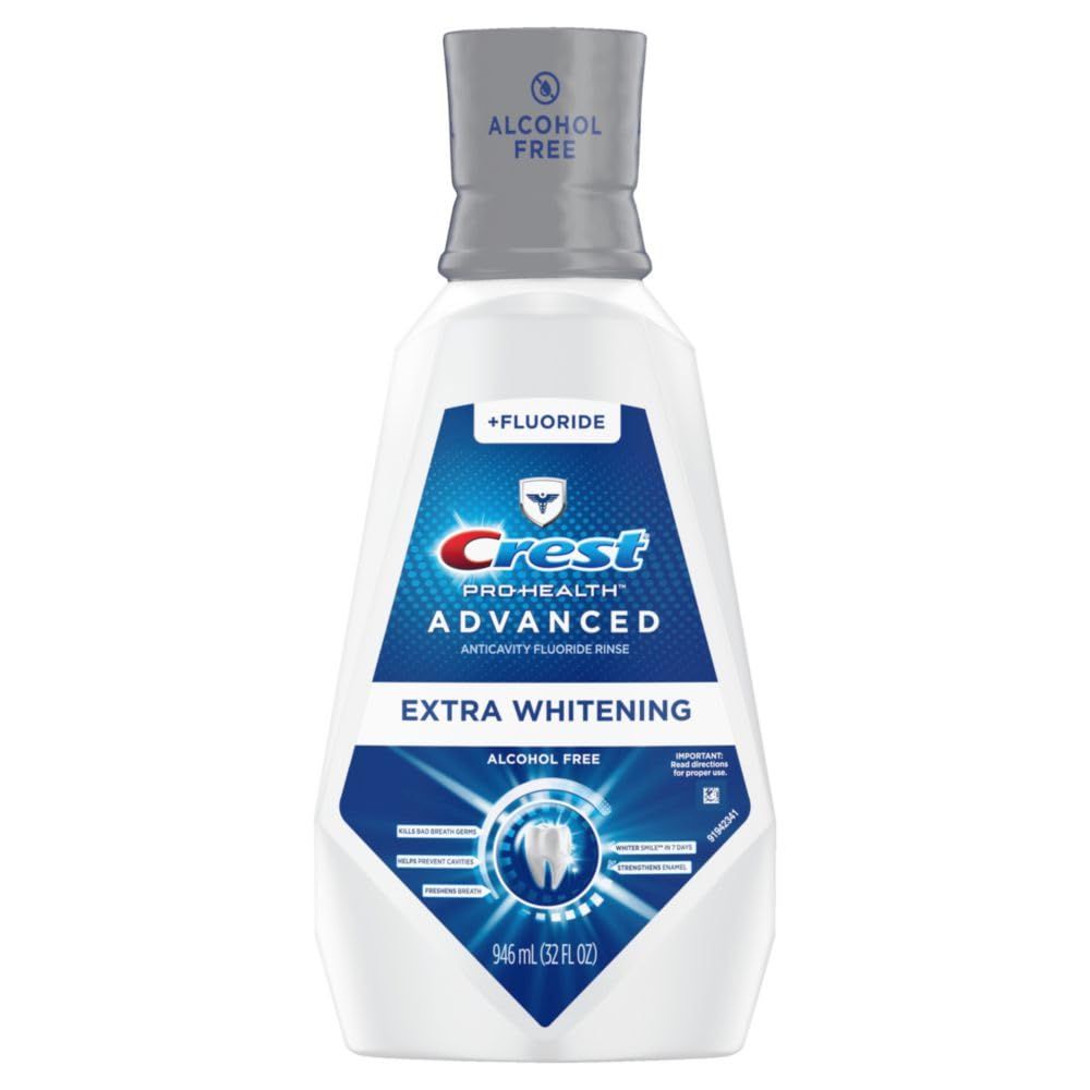 Provides a clean, catalog-style view of the Crest mouthwash bottle to show the product packaging and branding clearly without distractions.