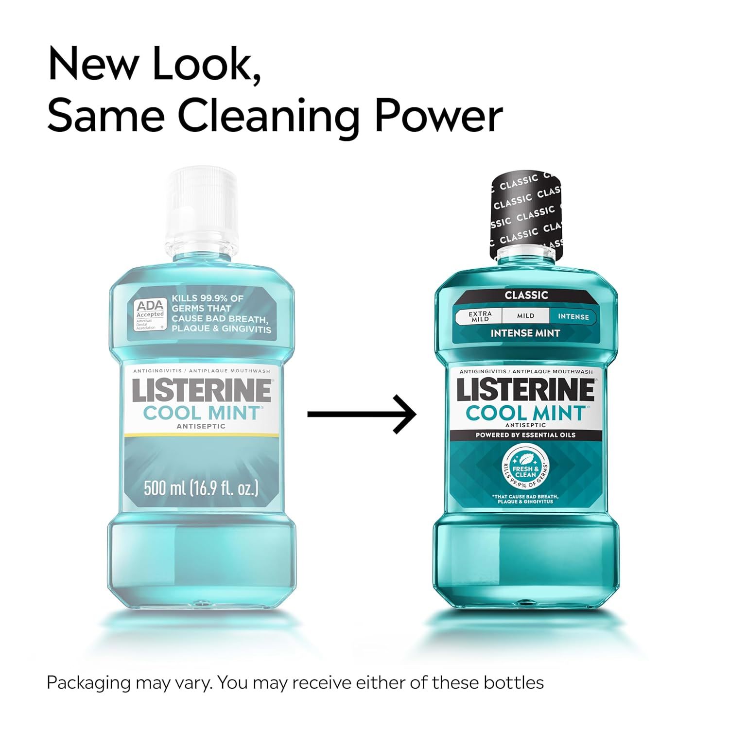 Informs shoppers that the product has a new look but maintains the same cleaning power, and that they may receive either packaging version to manage expectations during the transition.