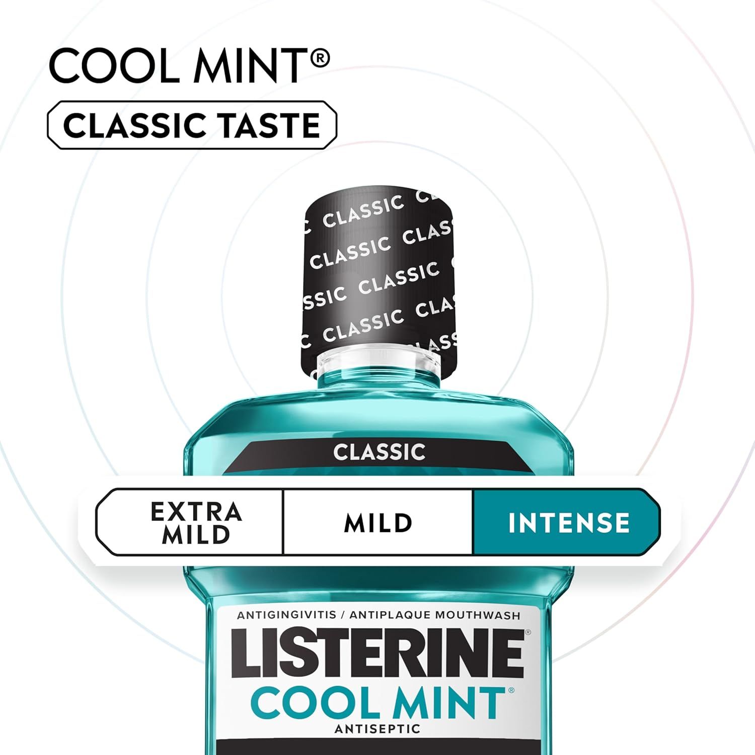 Showcases the Cool Mint Classic Taste variant and its intensity level on a spectrum from Extra Mild to Intense, helping shoppers understand the product line options and choose the right flavor…