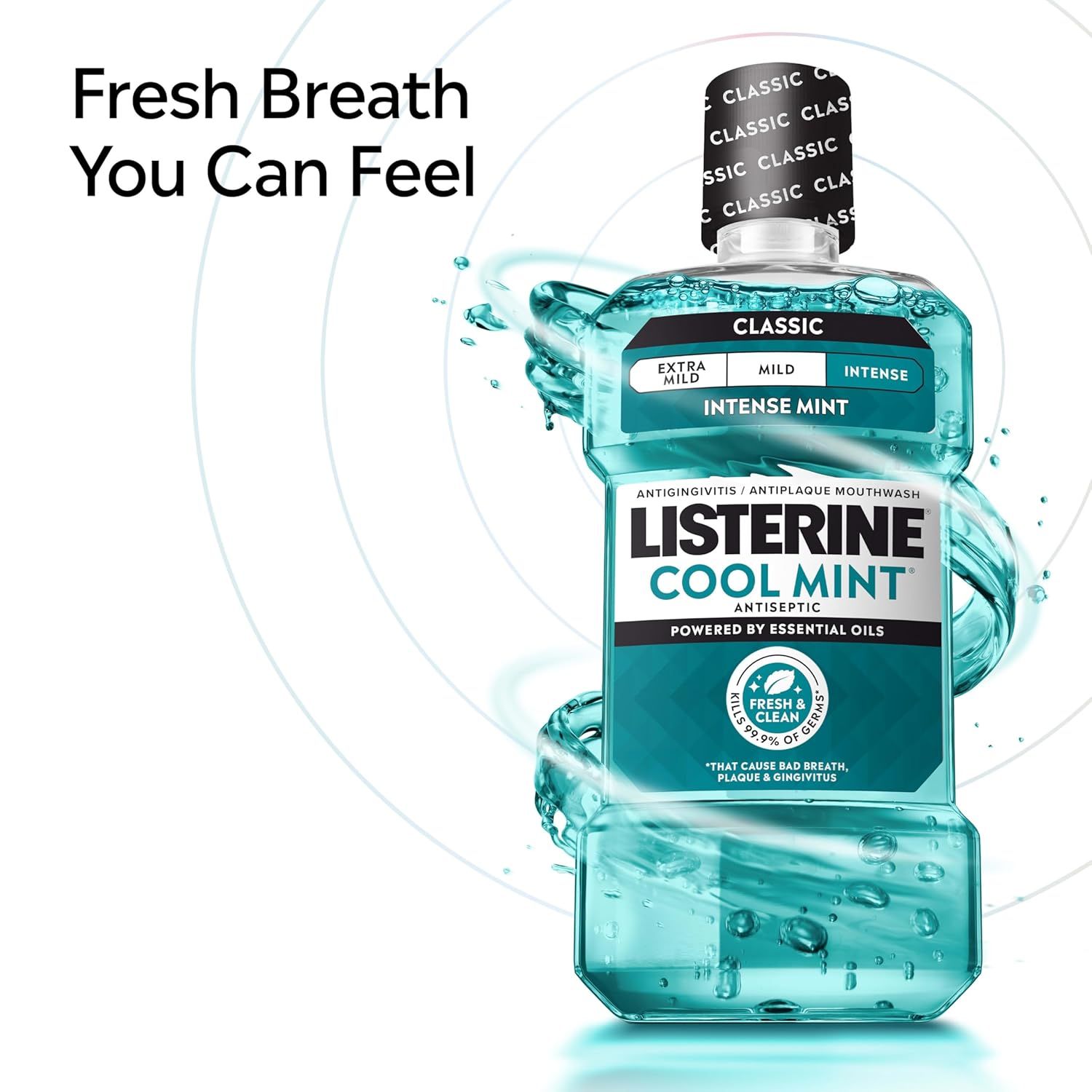 Communicates the primary benefit of fresh breath with a sensory emphasis on the intense mint experience, reassuring shoppers of the product's effectiveness.