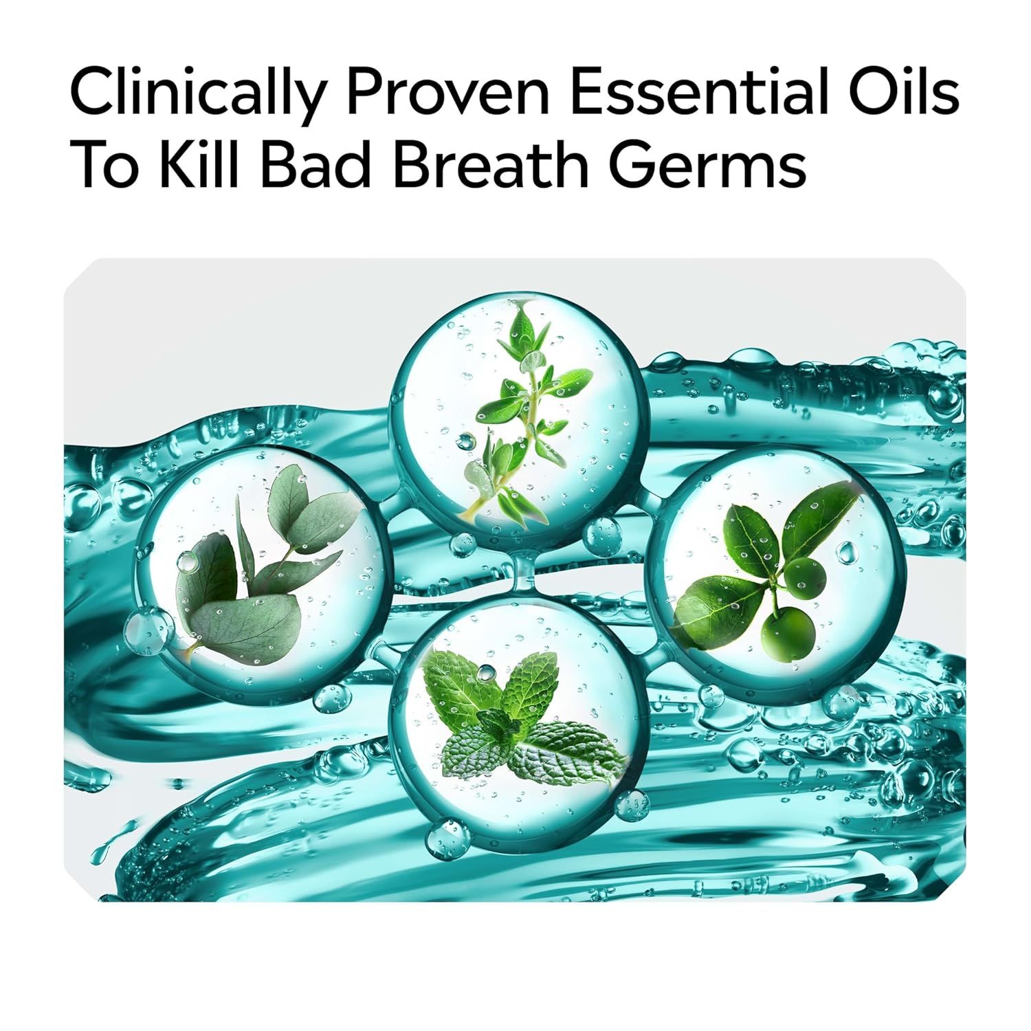 Communicates that the product contains clinically proven essential oils that effectively kill bad breath germs, providing scientific credibility and reassurance about the product's effectiveness.