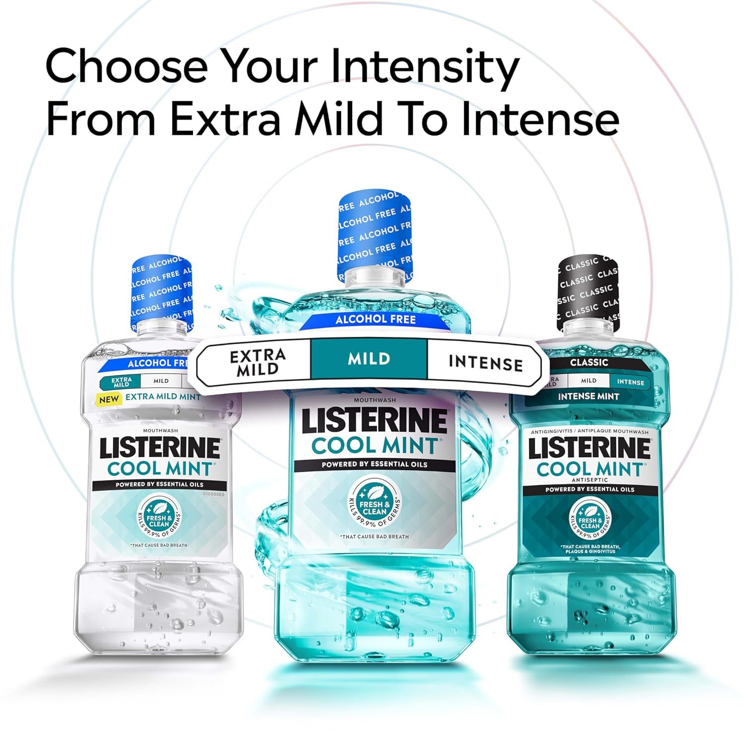 Showcases the brand's product lineup by displaying three intensity variants (Extra Mild, Mild, Intense) of Listerine Cool Mint mouthwash, helping shoppers choose the option that best fits their…
