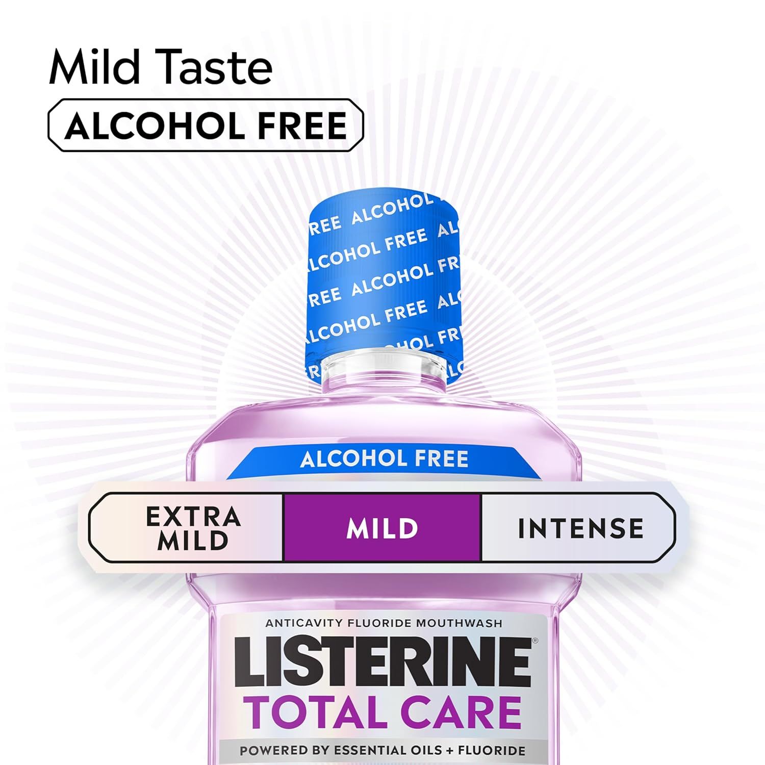 Communicates that this mouthwash is alcohol-free with a mild taste, reassuring shoppers who want a gentle, non-burning mouthwash experience.