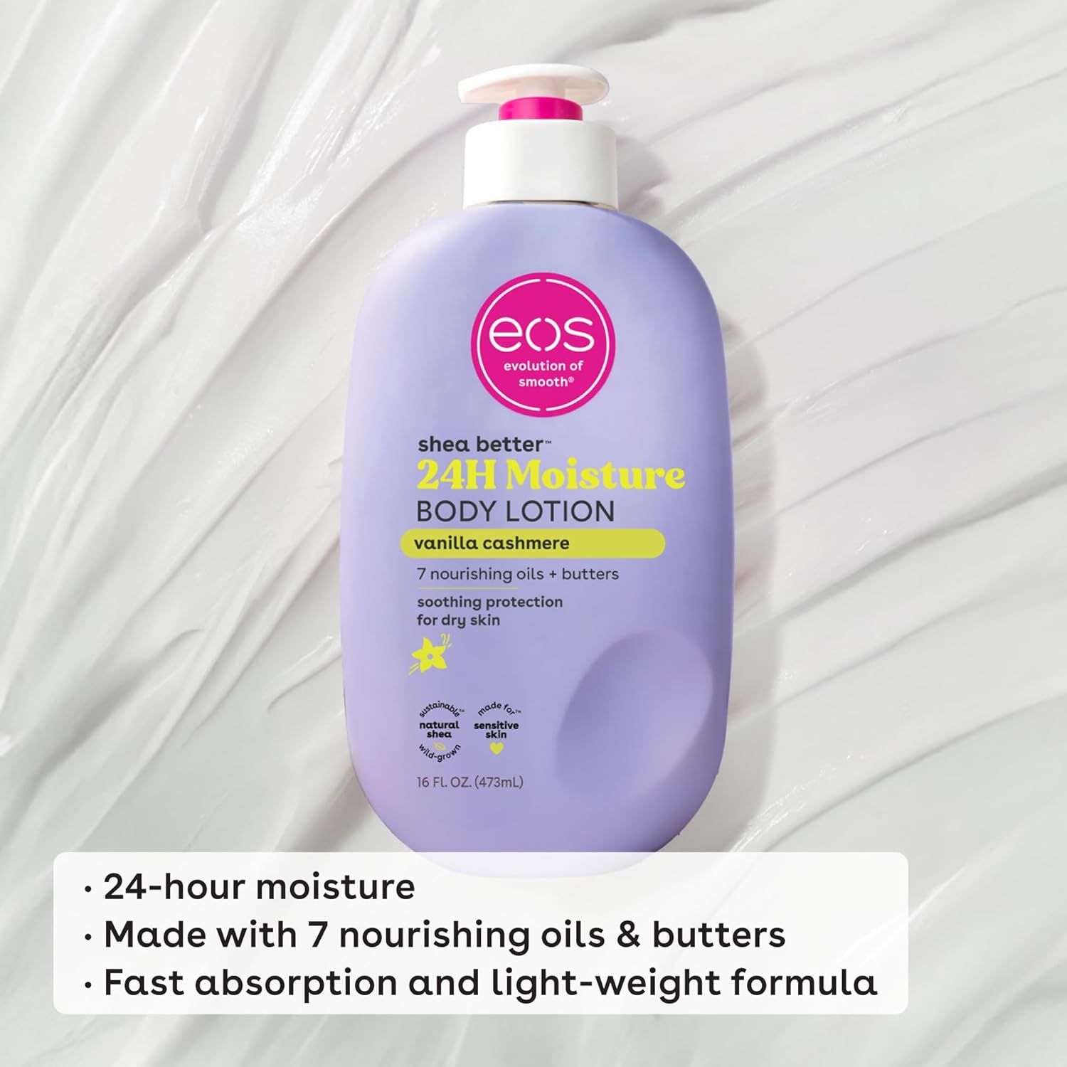 Communicates multiple key benefits of the body lotion including long-lasting hydration, nourishing ingredients, and texture qualities to help shoppers understand the product's comprehensive value…