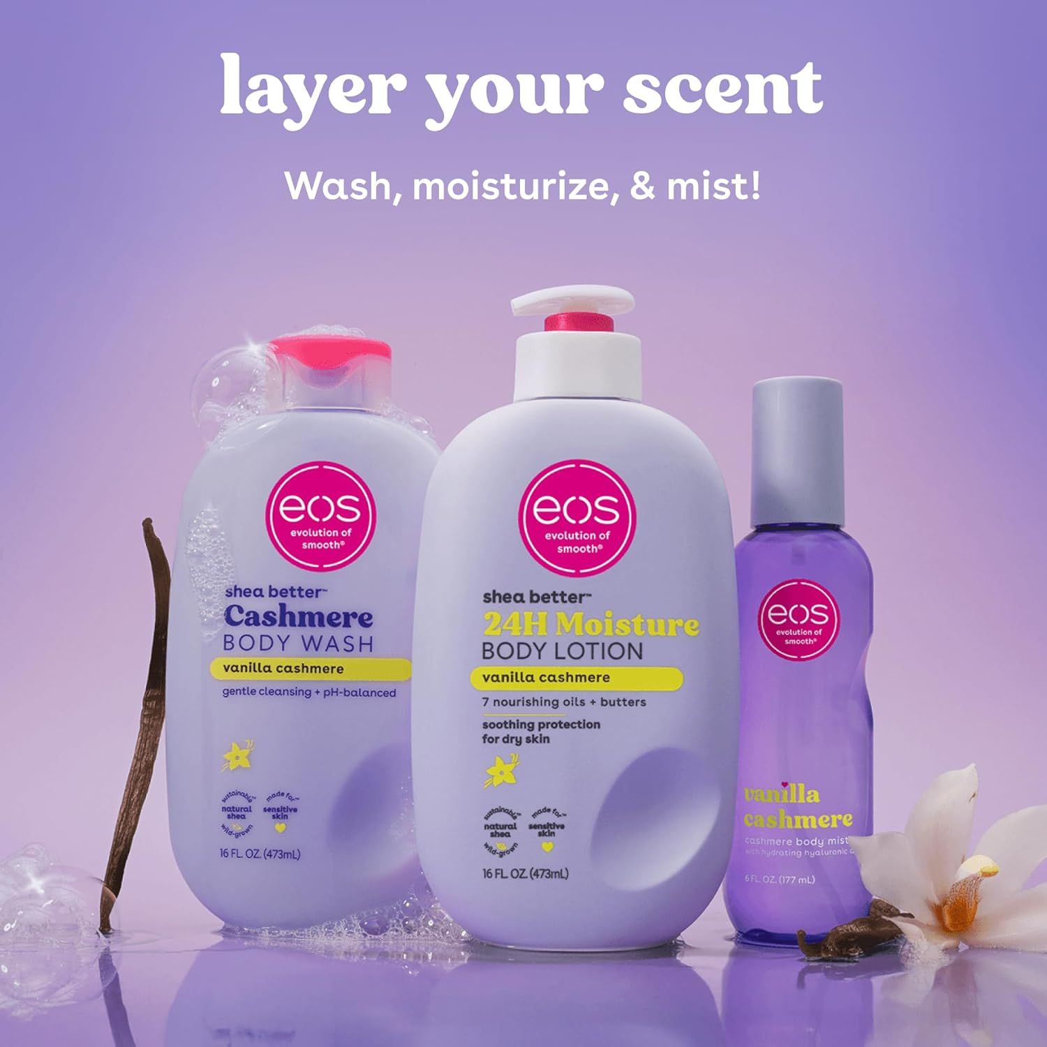 Demonstrates how to use three complementary products together in a layered skincare routine (wash, moisturize, and mist) to achieve complete body care. Shows all three products included in the…