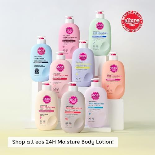 Displays the full range of eos 24H Moisture Body Lotion options to help shoppers explore the brand's product lineup and choose the variant that best suits their needs.
