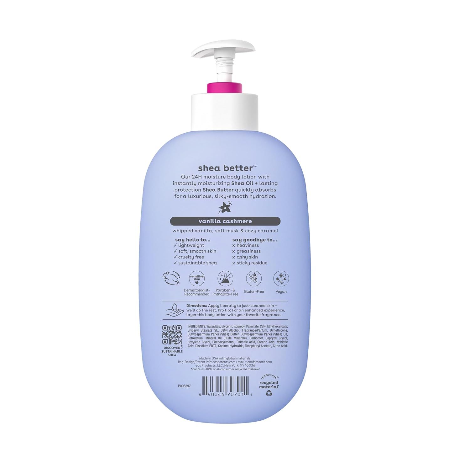 Communicates multiple product benefits in a segmented layout including moisturizing properties, ingredient highlights, ethical claims, and certifications to reassure shoppers of the product's…