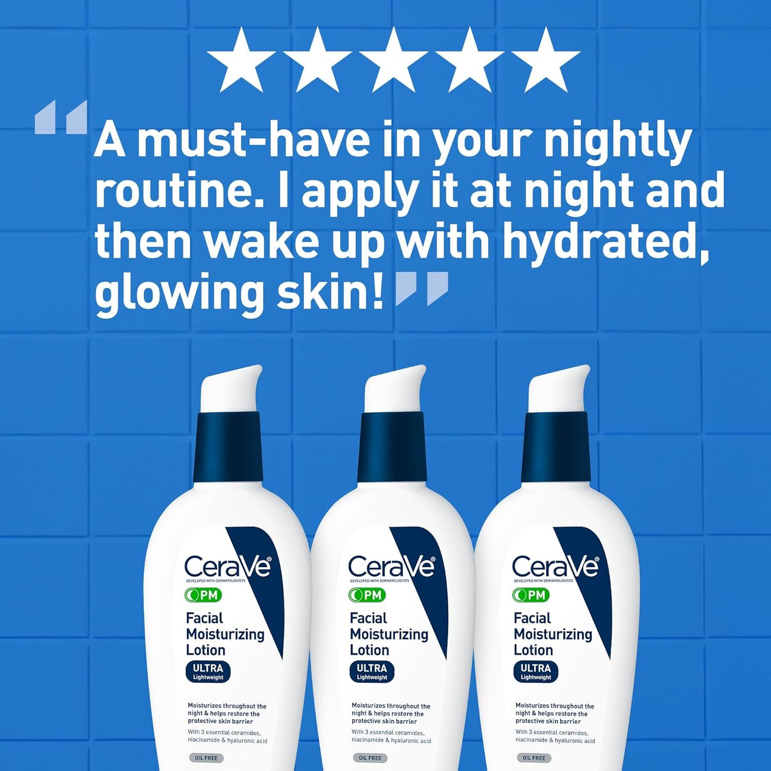 Uses a customer quote with 5-star rating to build trust and communicate the product's effectiveness for overnight hydration and achieving glowing skin.
