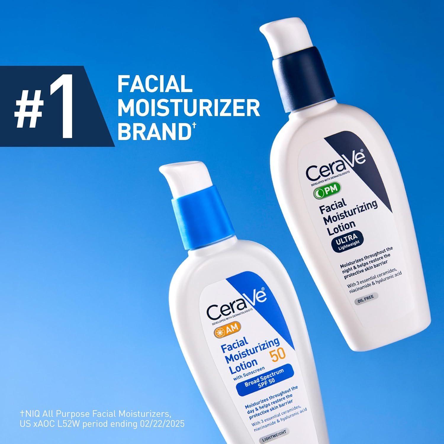 Communicates the brand's market leadership position and showcases two product variants (AM and PM) from the CeraVe facial moisturizer line to build trust and help shoppers understand the brand's…