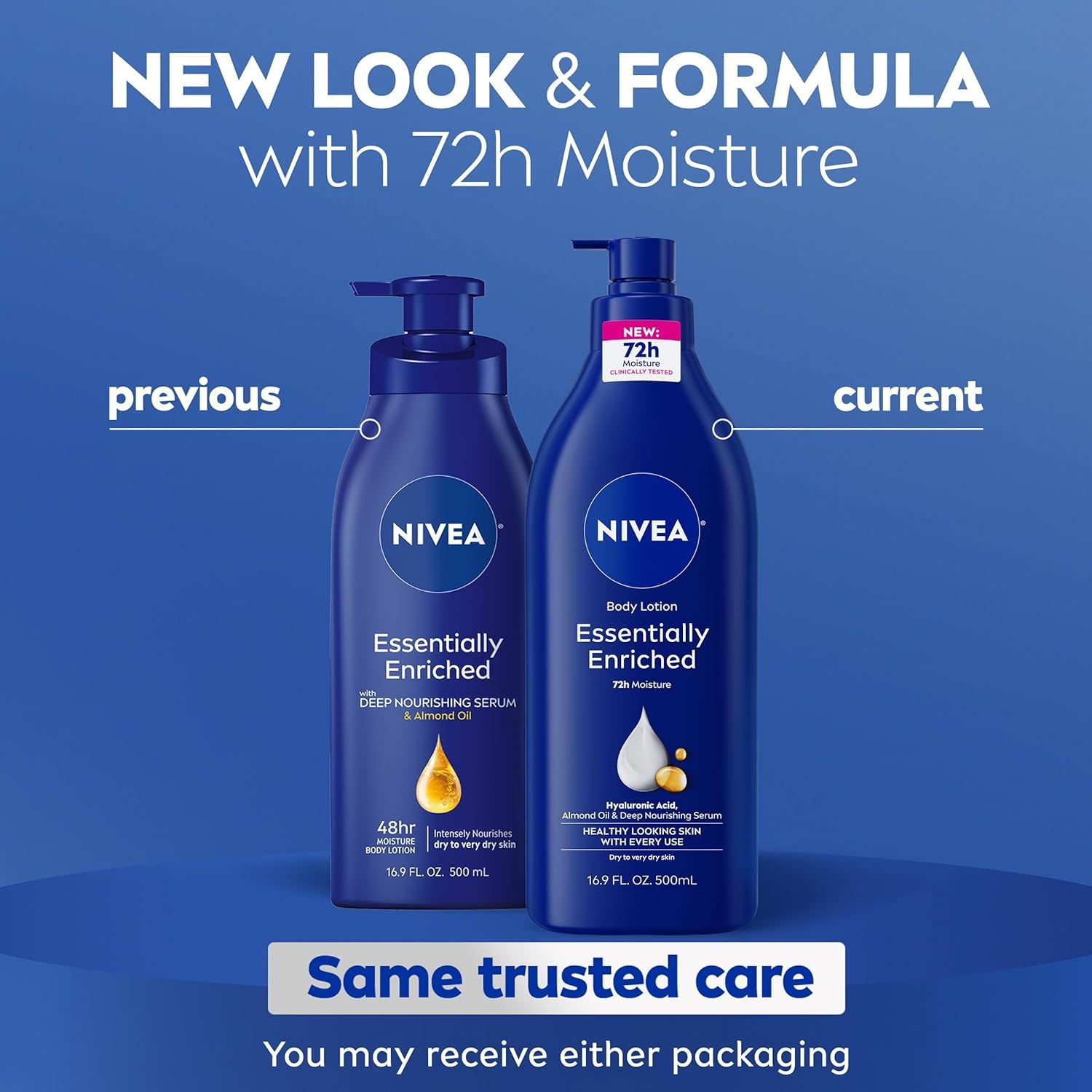 Communicates to shoppers that the brand has updated its formula and packaging, showing both the previous and current versions to reassure customers that they may receive either version but the…
