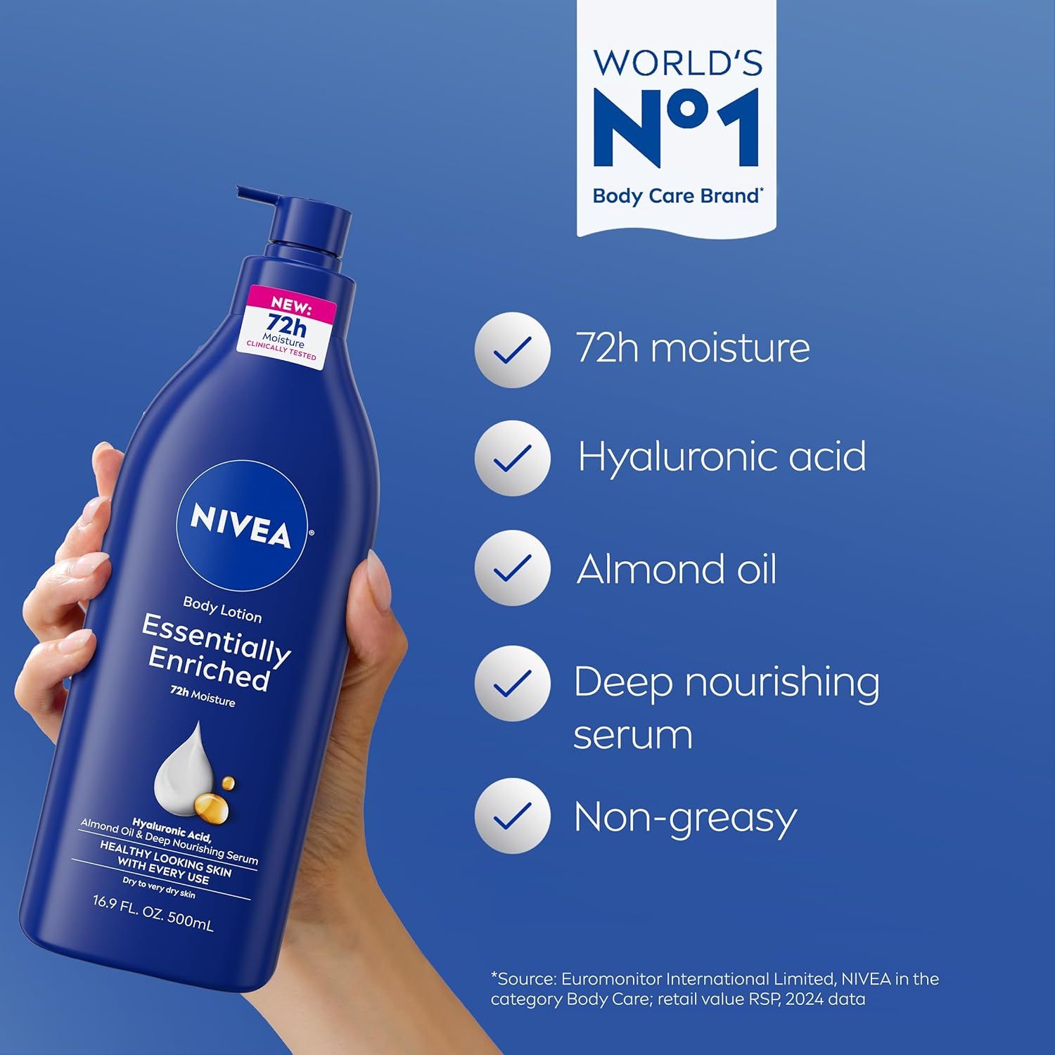 Communicates multiple key benefits and ingredients of the body lotion in a checklist format to help shoppers quickly understand the product's comprehensive moisturizing and nourishing properties.…