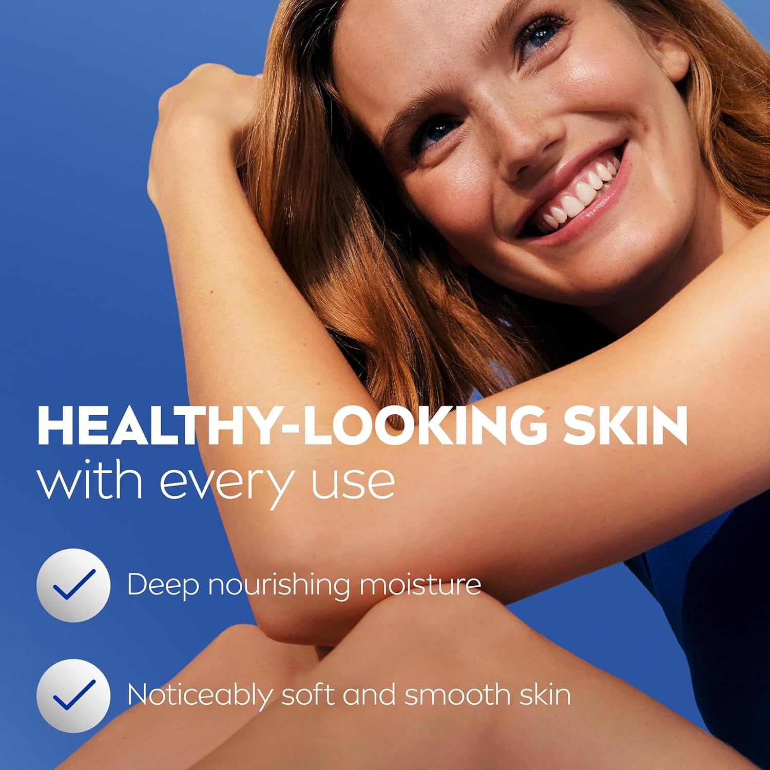 Communicates multiple skincare benefits of the product, emphasizing healthy-looking skin, deep moisture, and soft smooth texture to appeal to beauty and skincare shoppers.