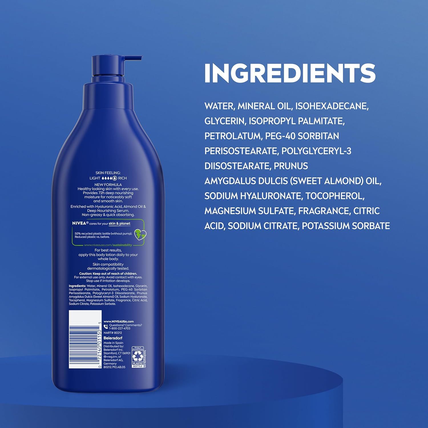 Communicates the product's full ingredient list, sustainability credentials (50% recycled plastic), and multiple skin benefits (72h deep nourishing, hyaluronic acid, almond oil) to build trust and…