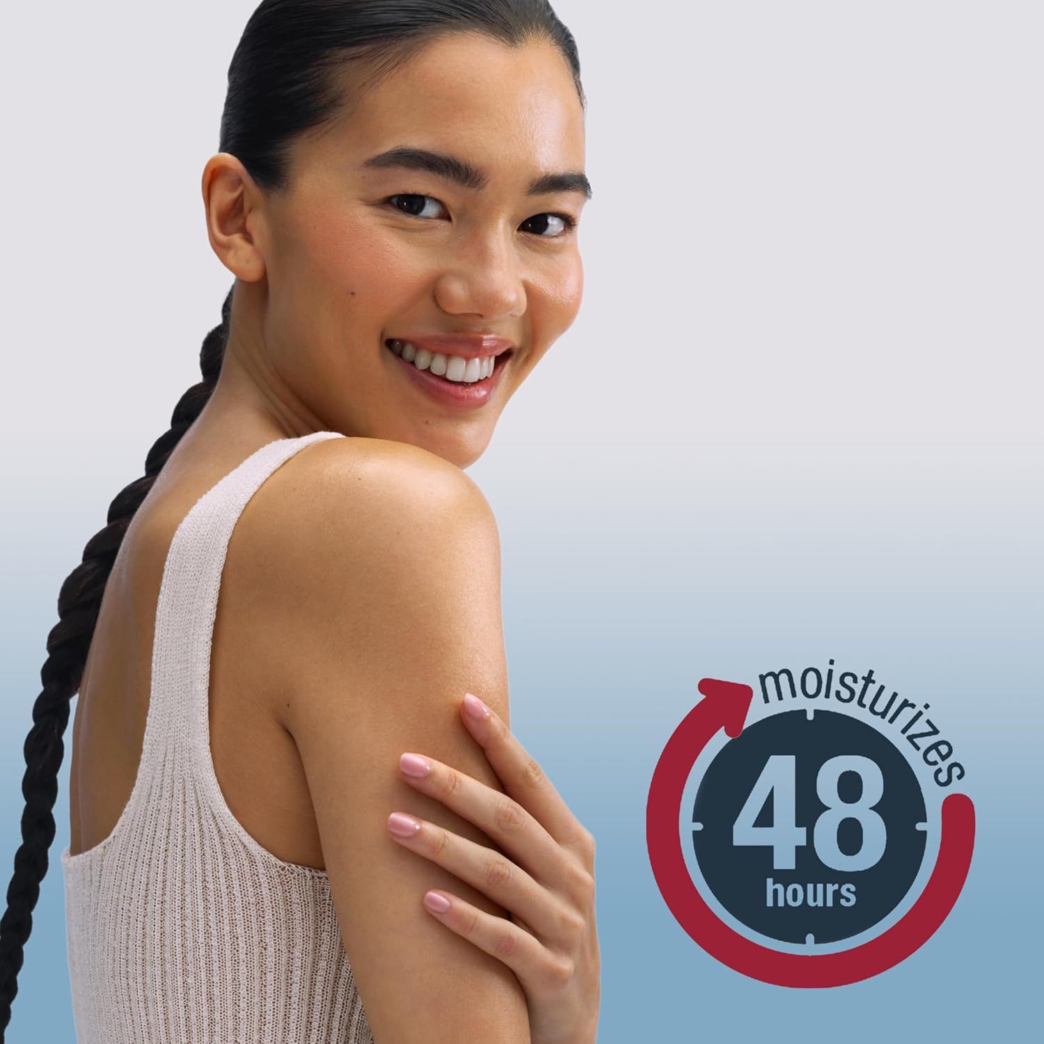 Communicates the product's long-lasting moisturizing performance to reassure shoppers of its effectiveness and value. Highlights the key benefit of extended moisturization in a clean, simple visual…