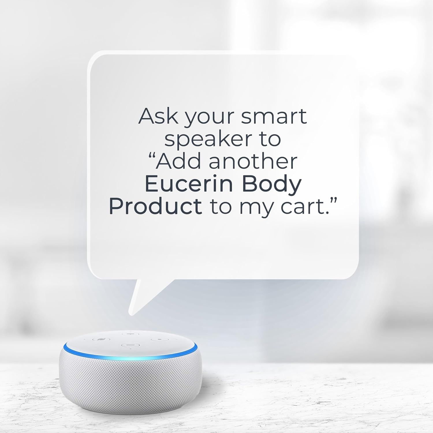 Demonstrates how to use voice commands with a smart speaker to add Eucerin Body Products to cart, highlighting the convenience and ease of voice-activated shopping. Communicates the convenience…